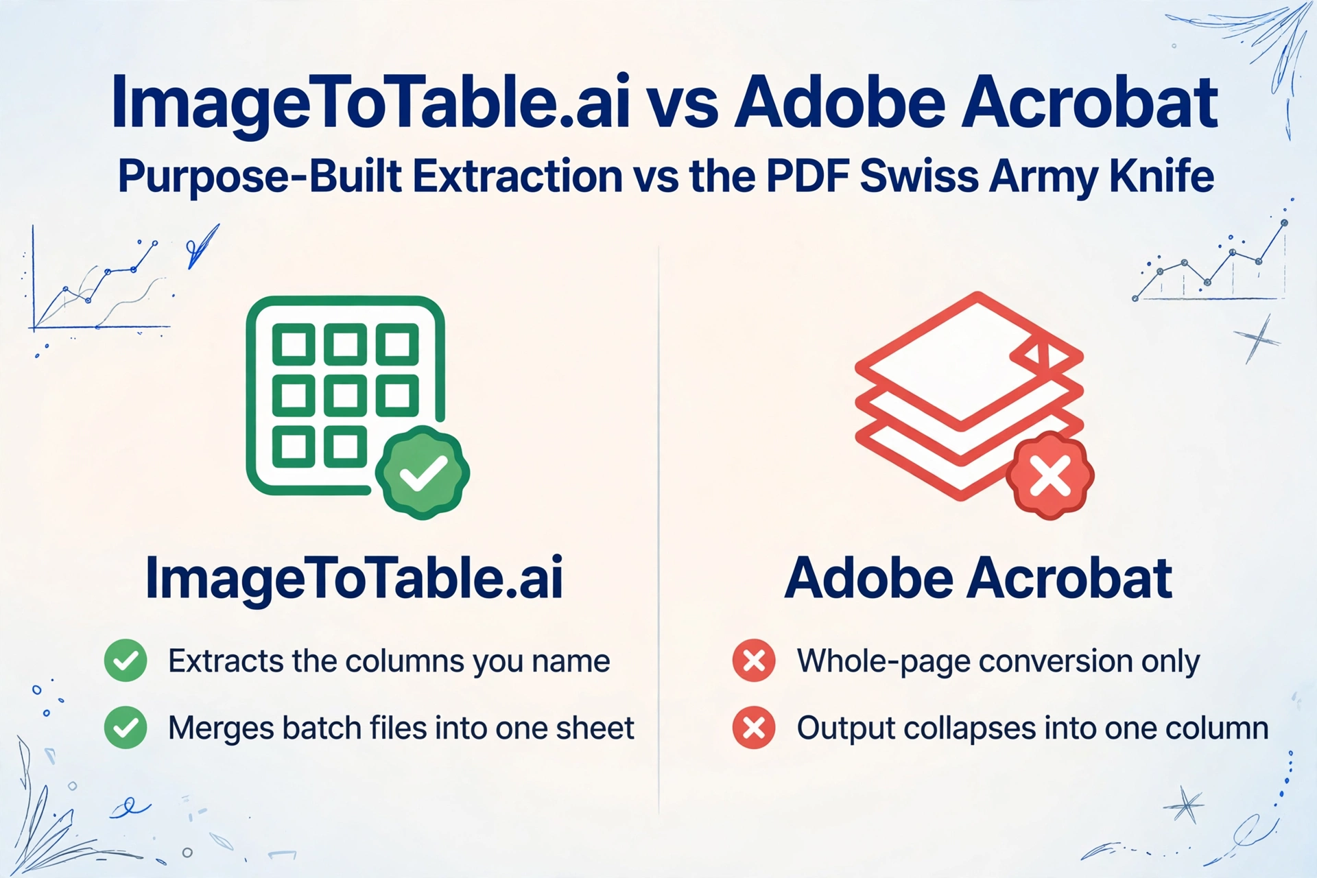 ImageToTable.aiとAdobe Acrobatの比較。目的特化型抽出とページ全体変換の違いを強調