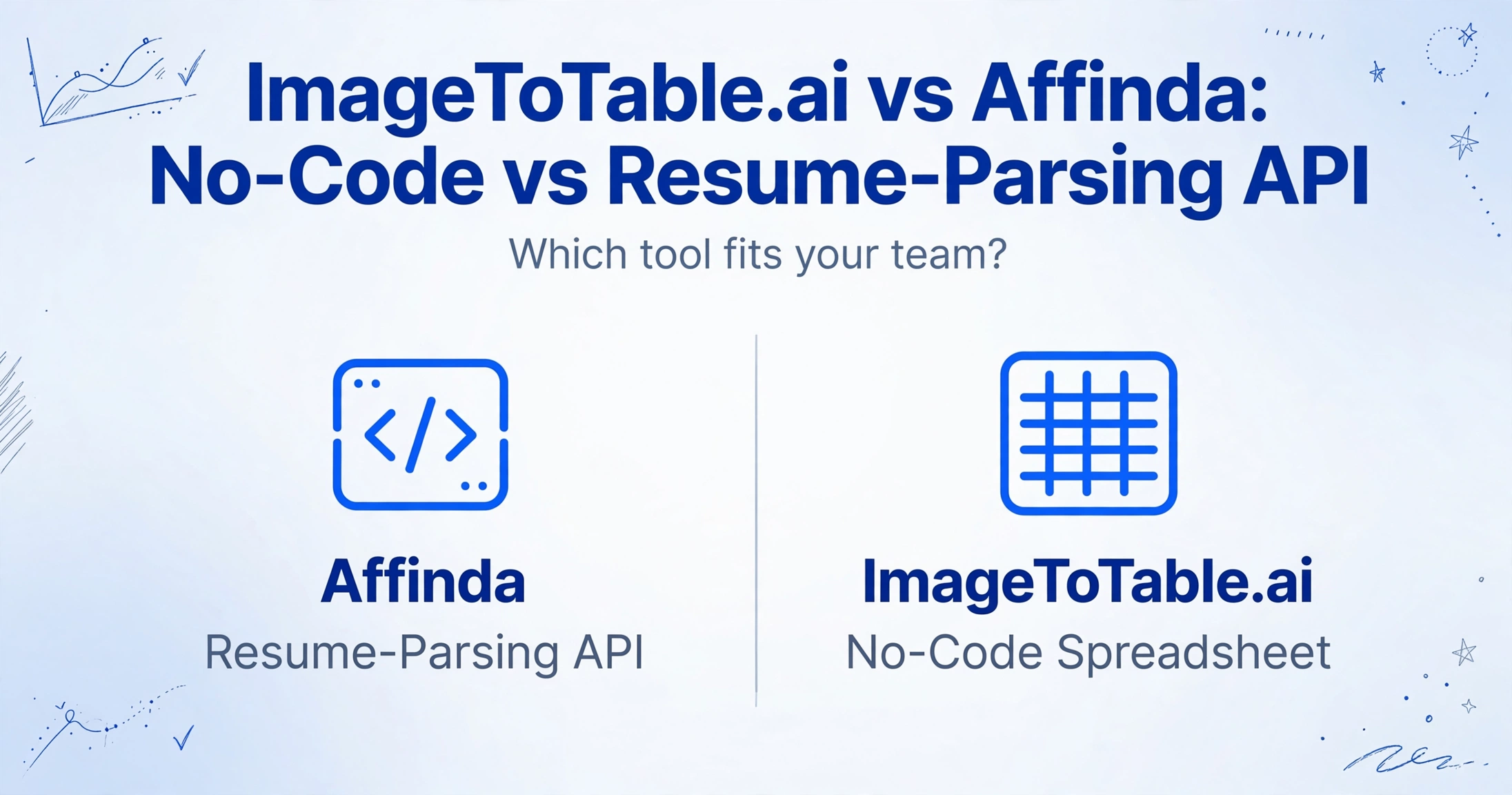 Side-by-side comparison of ImageToTable.ai and Affinda, highlighting no-code spreadsheet extraction versus resume-parsing API