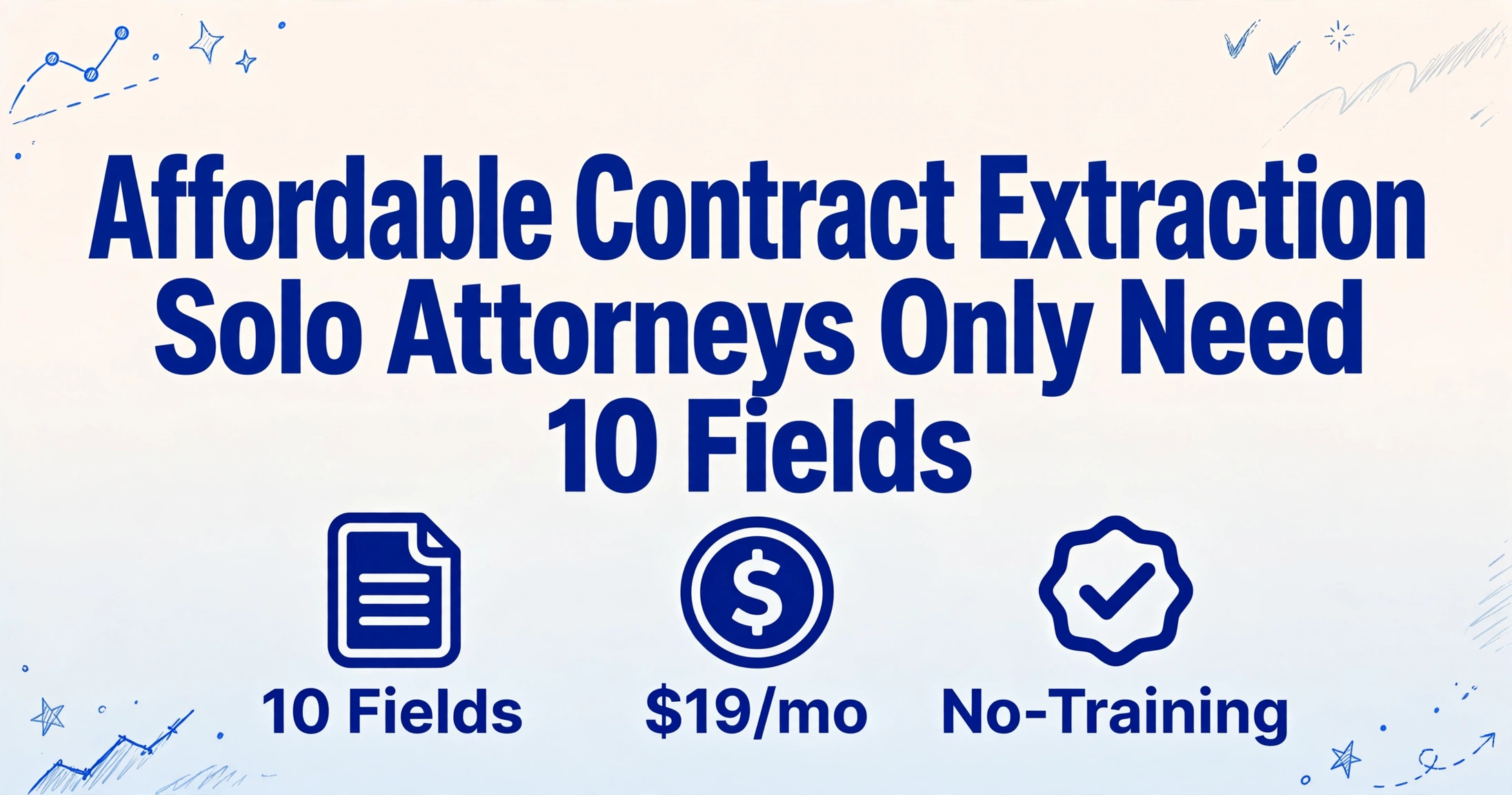 Extracción de contratos asequible para abogados autónomos, destacando 10 campos, $19 al mes y configuración sin entrenamiento