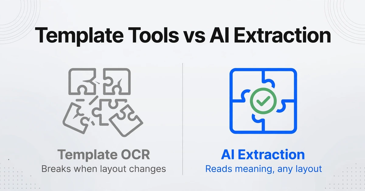 Side-by-side comparison: Template OCR with broken puzzle icon saying Breaks when layout changes vs AI Extraction with checkmark badge saying Reads meaning, any layout