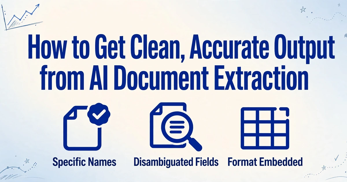 Image de couverture du blog avec le titre 'Comment obtenir une sortie propre et précise de l'extraction de documents par IA' et trois icônes représentant des noms de colonnes spécifiques, des champs désambiguïsés et des exigences de format intégrées