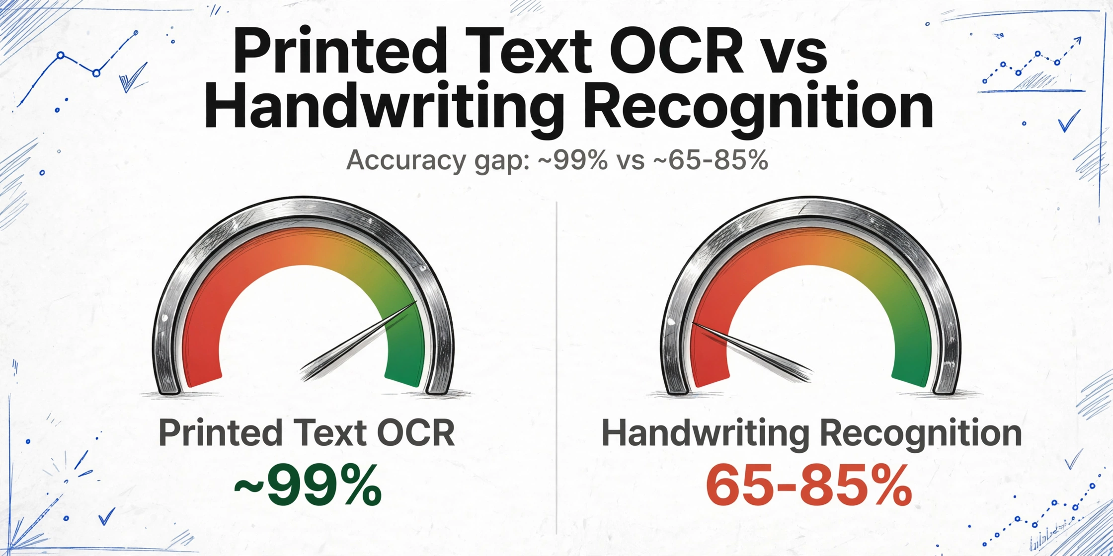 Comparison chart showing accuracy gap between printed text OCR at 99% and handwriting recognition at 65-85%, with two gauge meters
