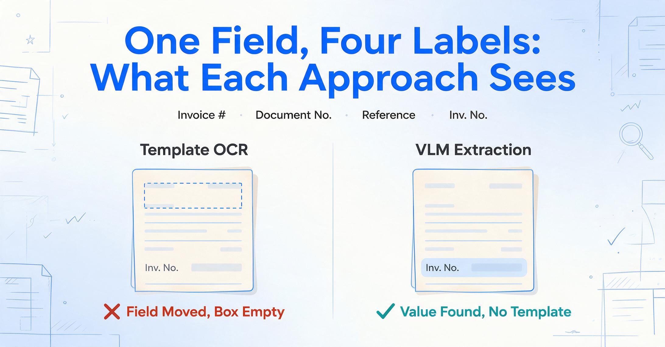 Two-panel flat vector comparison: the left panel 'Template OCR' shows an invoice page with a dashed template box sitting on an empty area while the field labeled 'Inv. No.' sits elsewhere, marked with a red X and 'Field Moved, Box Empty'; the right panel 'VLM Extraction' shows the same page with the 'Inv. No.' row highlighted, marked with a green check and 'Value Found, No Template'; above both panels sits the title 'One Field, Four Labels: What Each Approach Sees' and a row of four label variants.