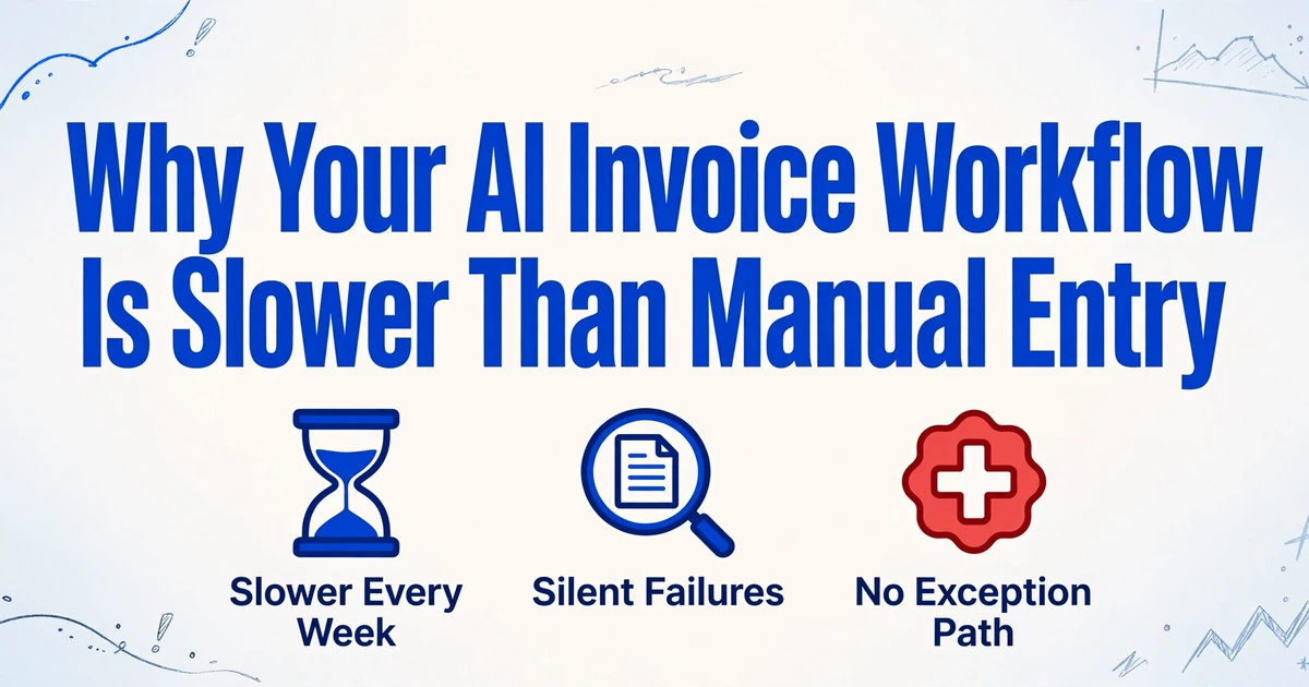 Blog cover image with title 'Why Your AI Invoice Workflow Is Slower Than Manual Entry' and three icons: hourglass, magnifier over document, red cross badge, on a light gradient background with hand-drawn line decorations.