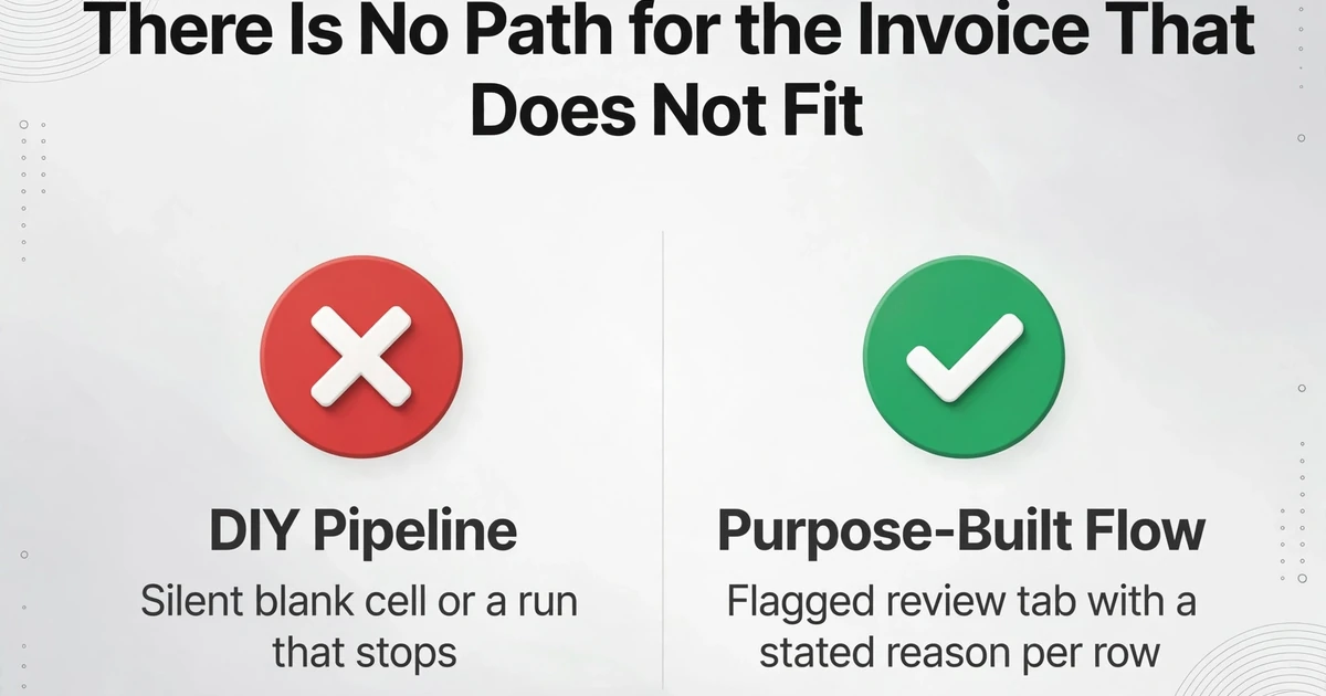 Two-column comparison: left column with red cross badge labeled 'DIY Pipeline' and 'Silent blank cell or a run that stops', right column with green check badge labeled 'Purpose-Built Flow' and 'Flagged review tab with a stated reason per row'.