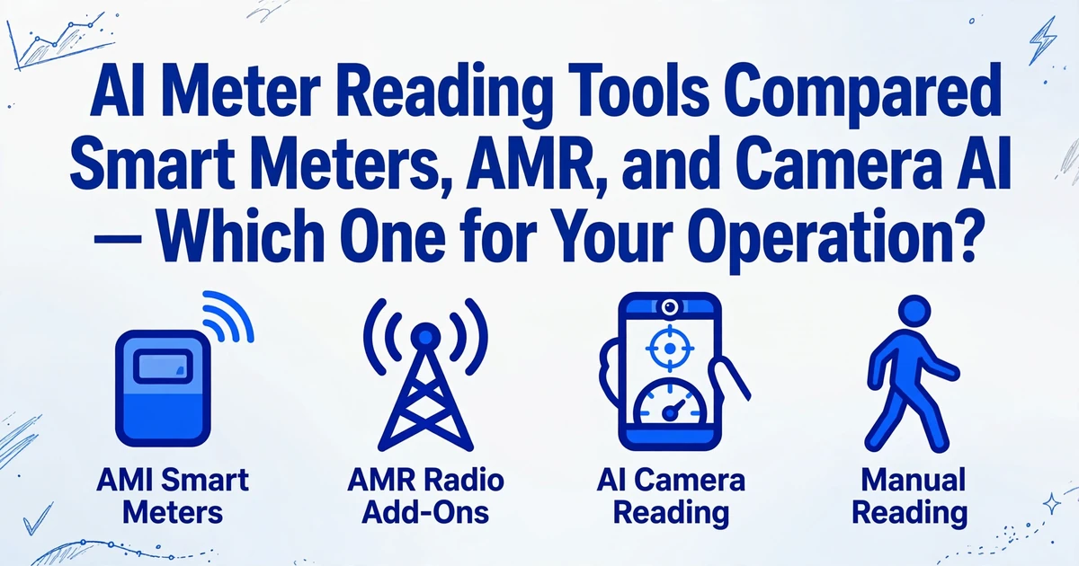 AIメーター検針ツール比較チャート：AMIスマートメーター、AMR無線アドオン、AIカメラ検針、手動検針の4つの選択肢を示す