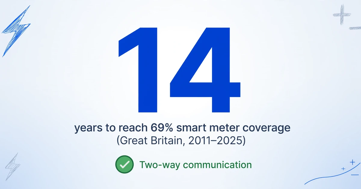 2011年から2025年までにイギリスでスマートメーター普及率が69%に達するまで14年かかった様子