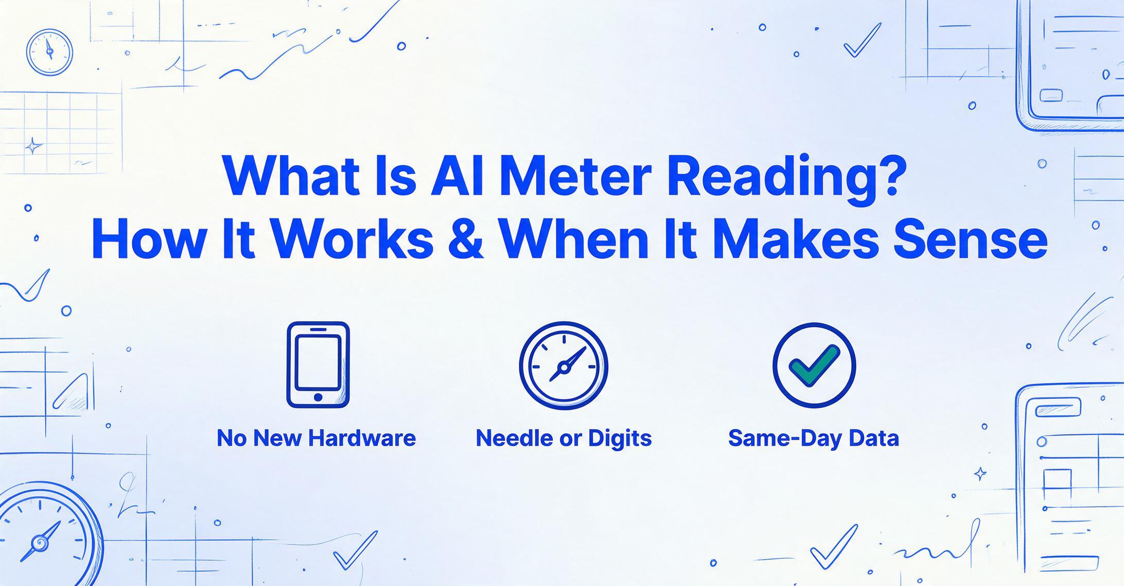 Gráfico principal del blog con el titular '¿Qué es la lectura de medidores con IA? Cómo funciona y cuándo tiene sentido' y tres iconos vectoriales planos: un teléfono etiquetado Sin hardware nuevo, un dial de indicador analógico etiquetado Aguja o dígitos, y una insignia de verificación verde etiquetada Datos el mismo día.