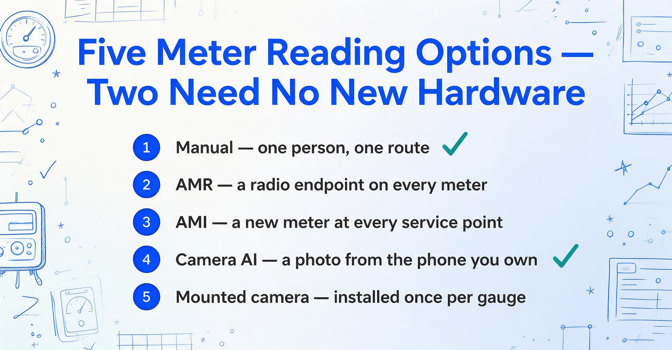 Gráfico de lista numerada titulado 'Cinco Opciones de Lectura de Medidores — Dos No Requieren Hardware Nuevo', que enumera lectura manual, endpoints de radio AMR, medidores inteligentes AMI, IA con cámara desde un teléfono y una cámara fija por indicador, con marcas verdes en las filas de lectura manual e IA con cámara.