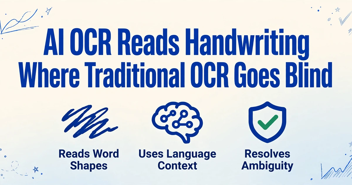 AI OCR reads handwriting where traditional OCR goes blind, with icons for reading word shapes, using language context, and resolving ambiguity