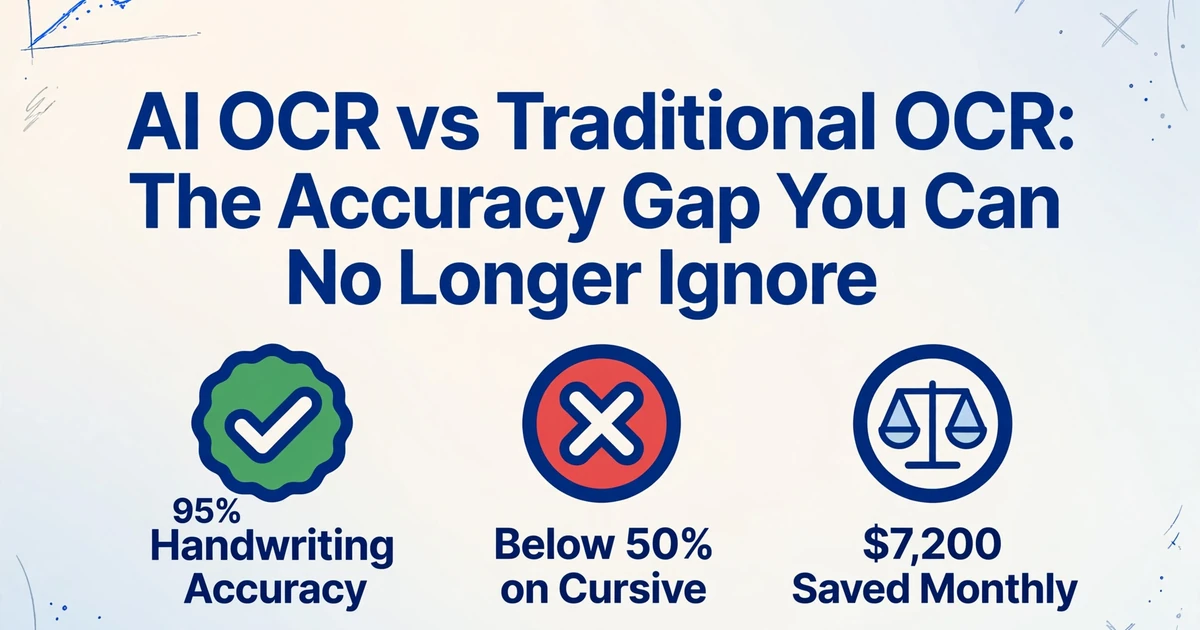 AI OCR vs Traditional OCR accuracy comparison with 95% handwriting accuracy checkmark, below 50% cursive cross mark, and $7200 monthly savings scale icon
