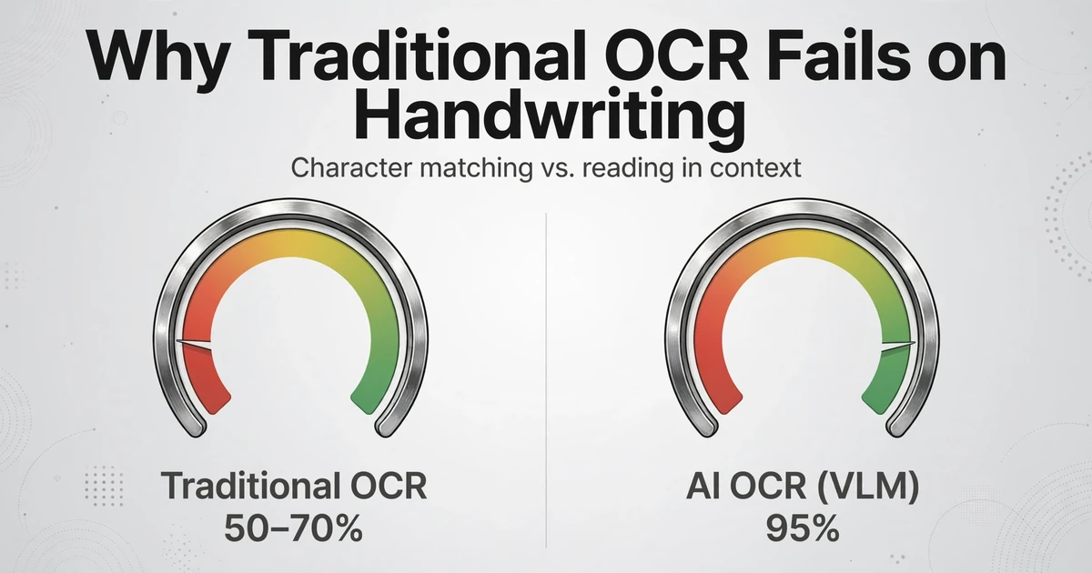 Side-by-side gauge comparison showing Traditional OCR at 50-70% vs AI OCR at 95% on handwriting accuracy