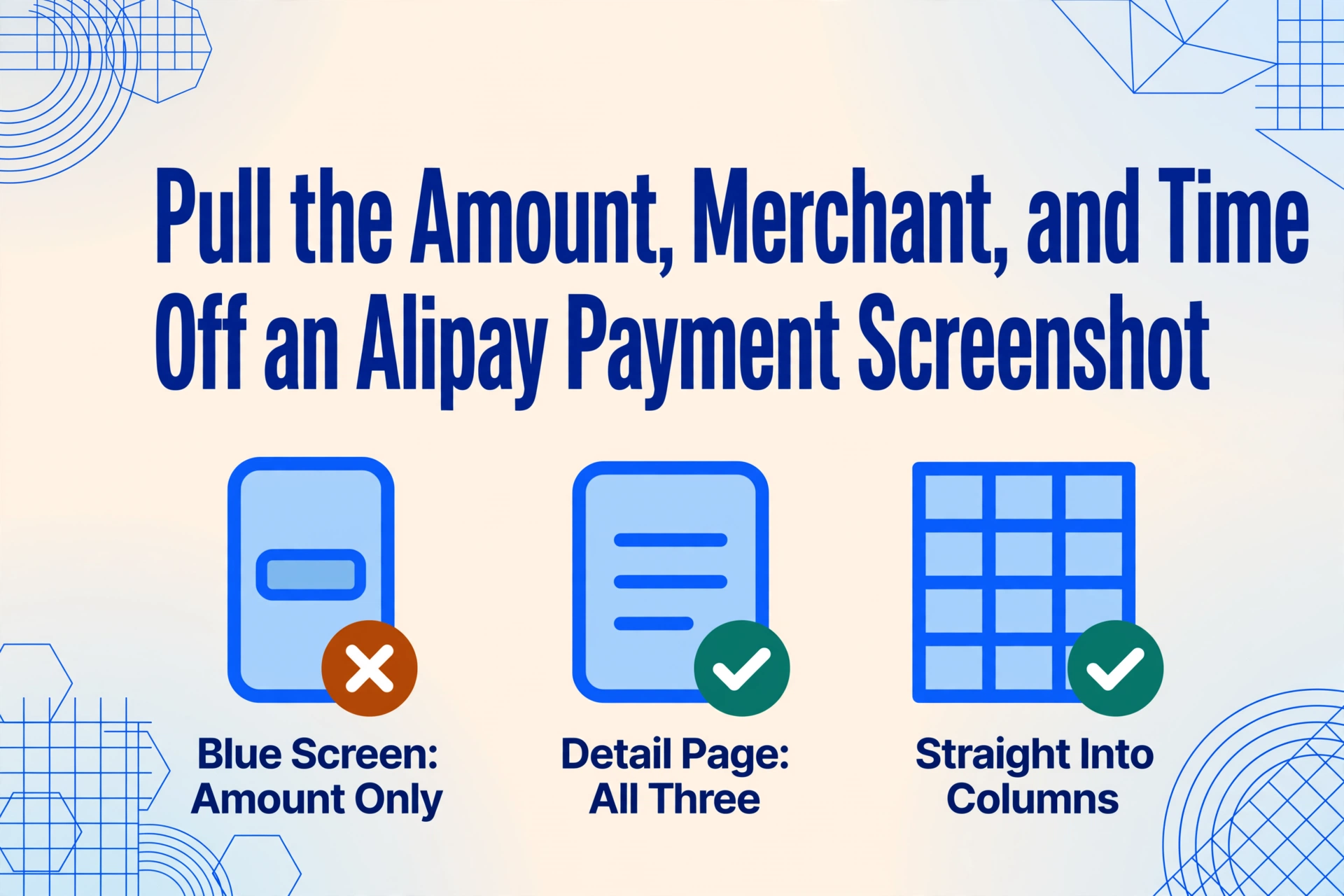 Blog hero image titled Pull the Amount, Merchant, and Time Off an Alipay Payment Screenshot, with three icons showing that the blue success screen holds only the amount, the transaction detail page holds all three fields, and the result lands in spreadsheet columns.