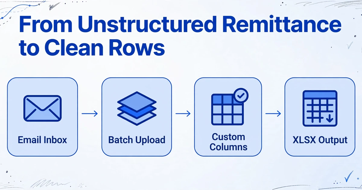 Four-step flow diagram showing the extraction process: Email Inbox, Batch Upload, Custom Columns, and XLSX Output, connected by arrows on a clean gradient background with subtle hand-drawn line decorations