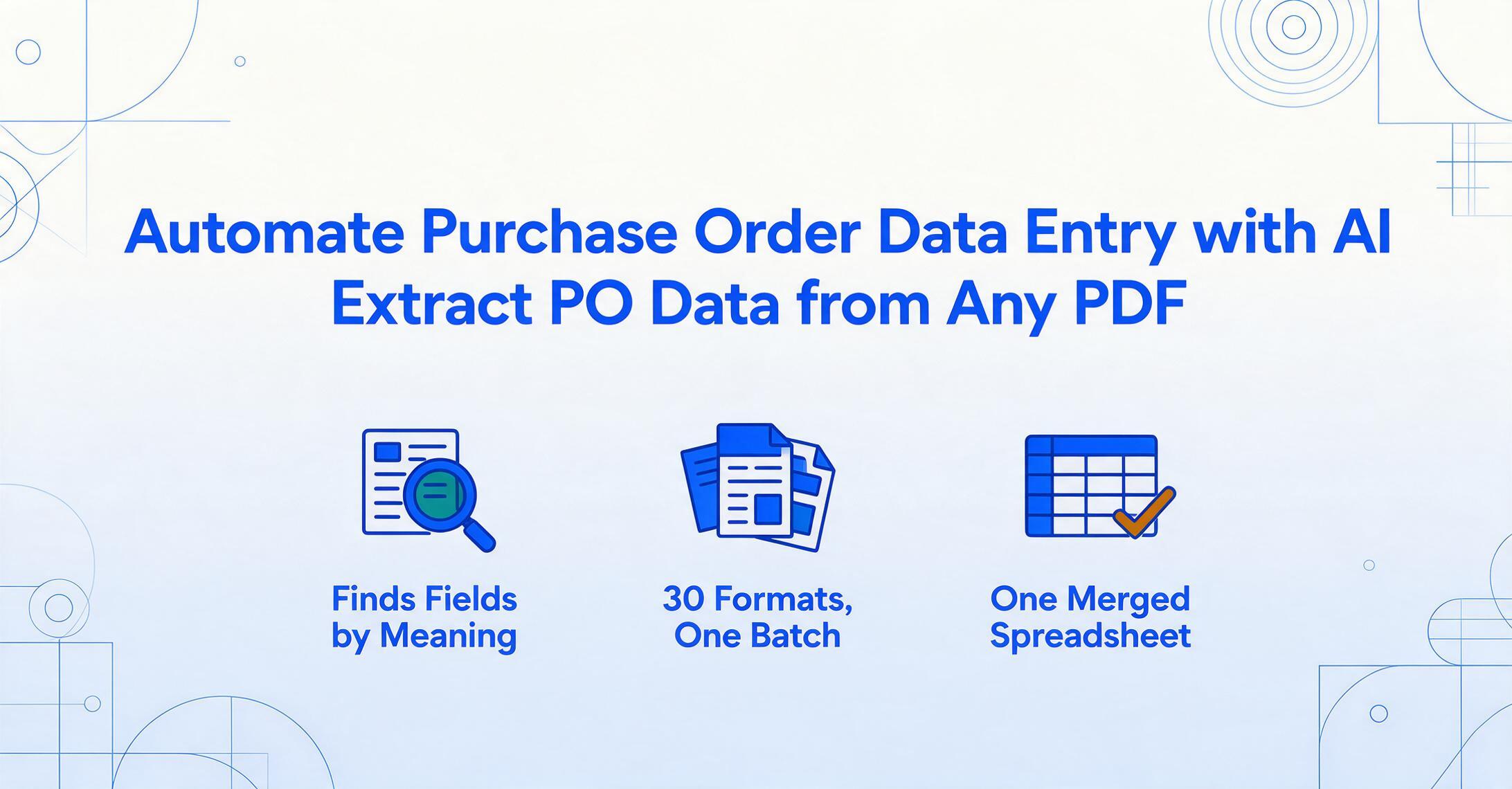 Portada de blog vectorial plana con el titular 'Automatiza la entrada de datos de órdenes de compra con IA: extrae datos de PO de cualquier PDF' y tres iconos en negrita etiquetados como 'Encuentra campos por significado', '30 formatos, un lote' y 'Una hoja de cálculo combinada'.
