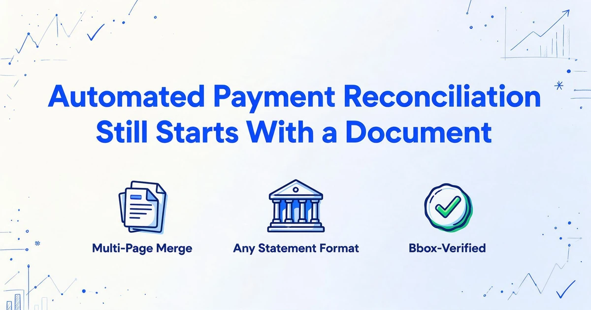 Hero image with title 'Automated Payment Reconciliation Still Starts With a Document' and three icons for Multi-Page Merge, Any Statement Format, and Bbox-Verified