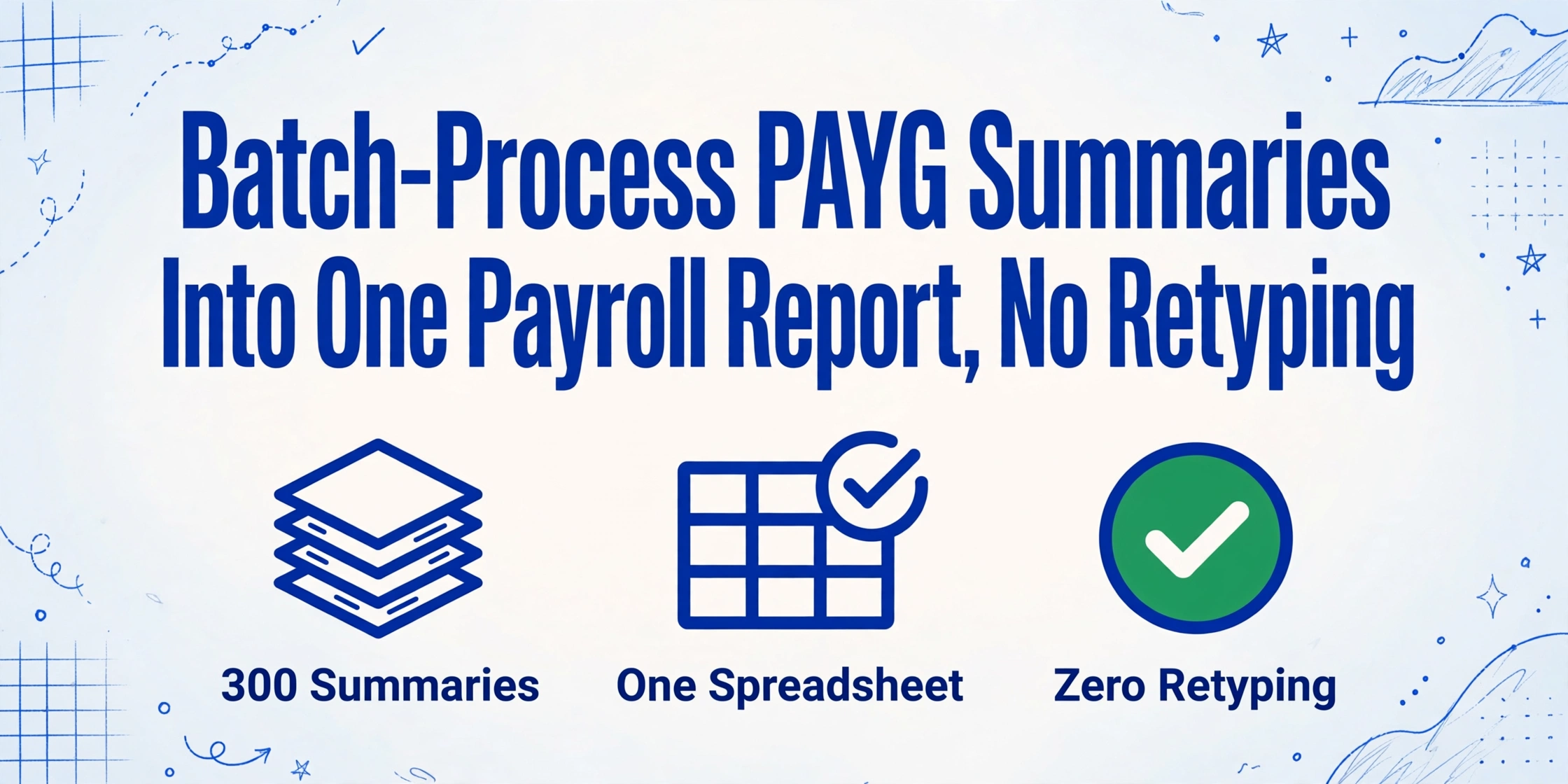 Hero image with title 'Batch-Process PAYG Summaries Into One Payroll Report, No Retyping' and three icons: 300 Summaries, One Spreadsheet, Zero Retyping