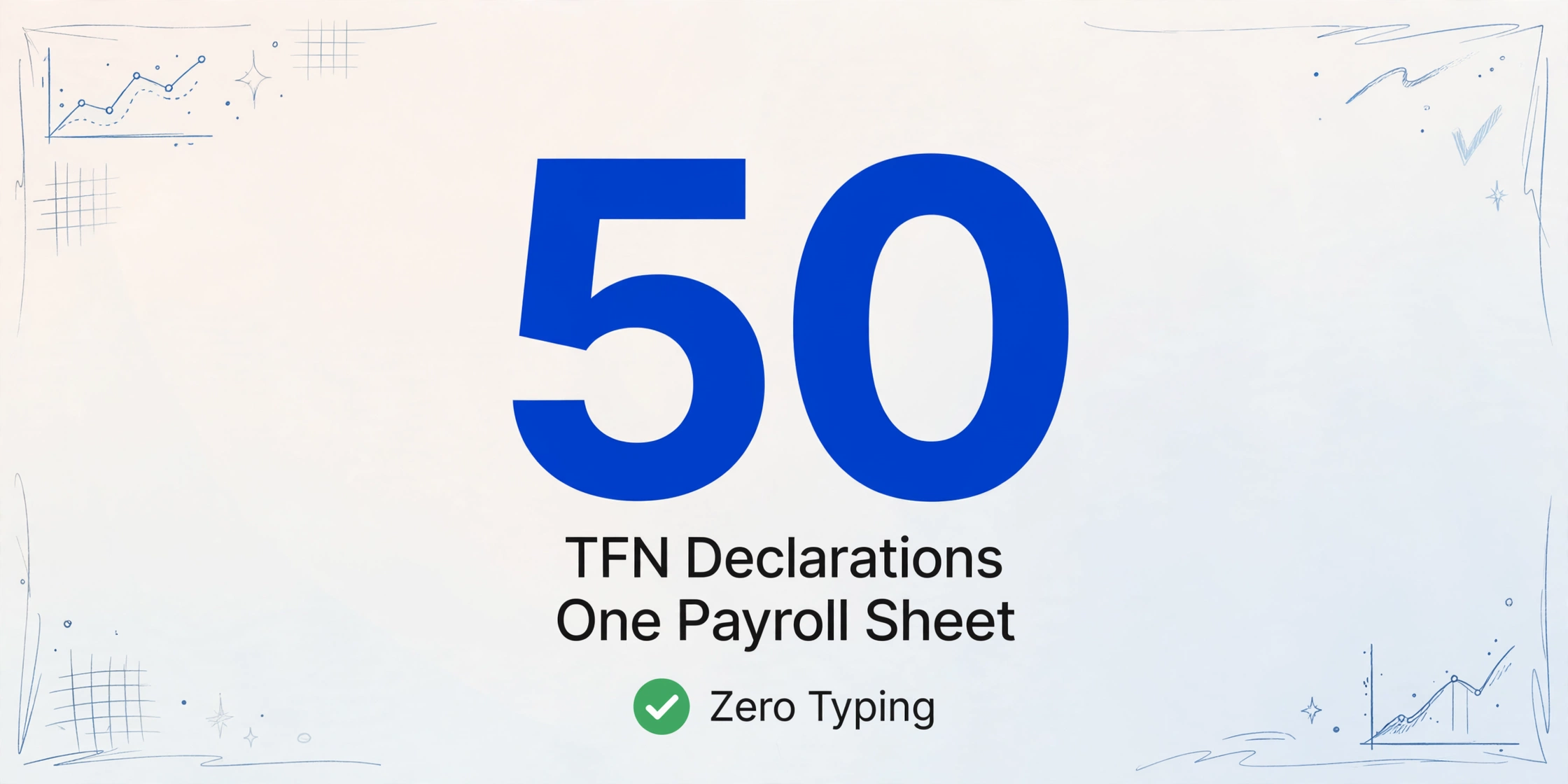 大きな青い数字50と「TFN申告書」「1枚の給与計算シート」のテキスト、緑のチェックマークバッジ「手入力ゼロ」、手描きの青い線の装飾が入った明るいグラデーション背景
