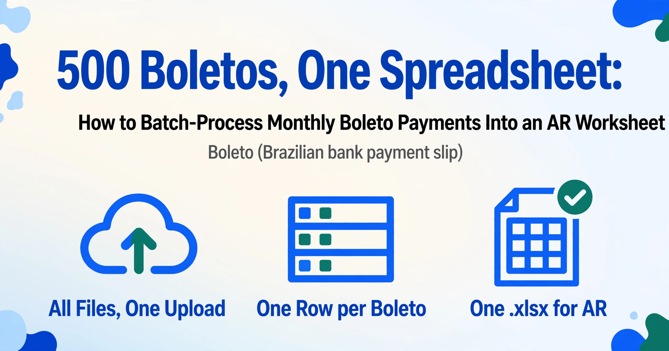 Editorial hero graphic with the headline 500 Boletos, One Spreadsheet, and three flat blue icons showing one batch upload, one row per Boleto, and a single .xlsx export.