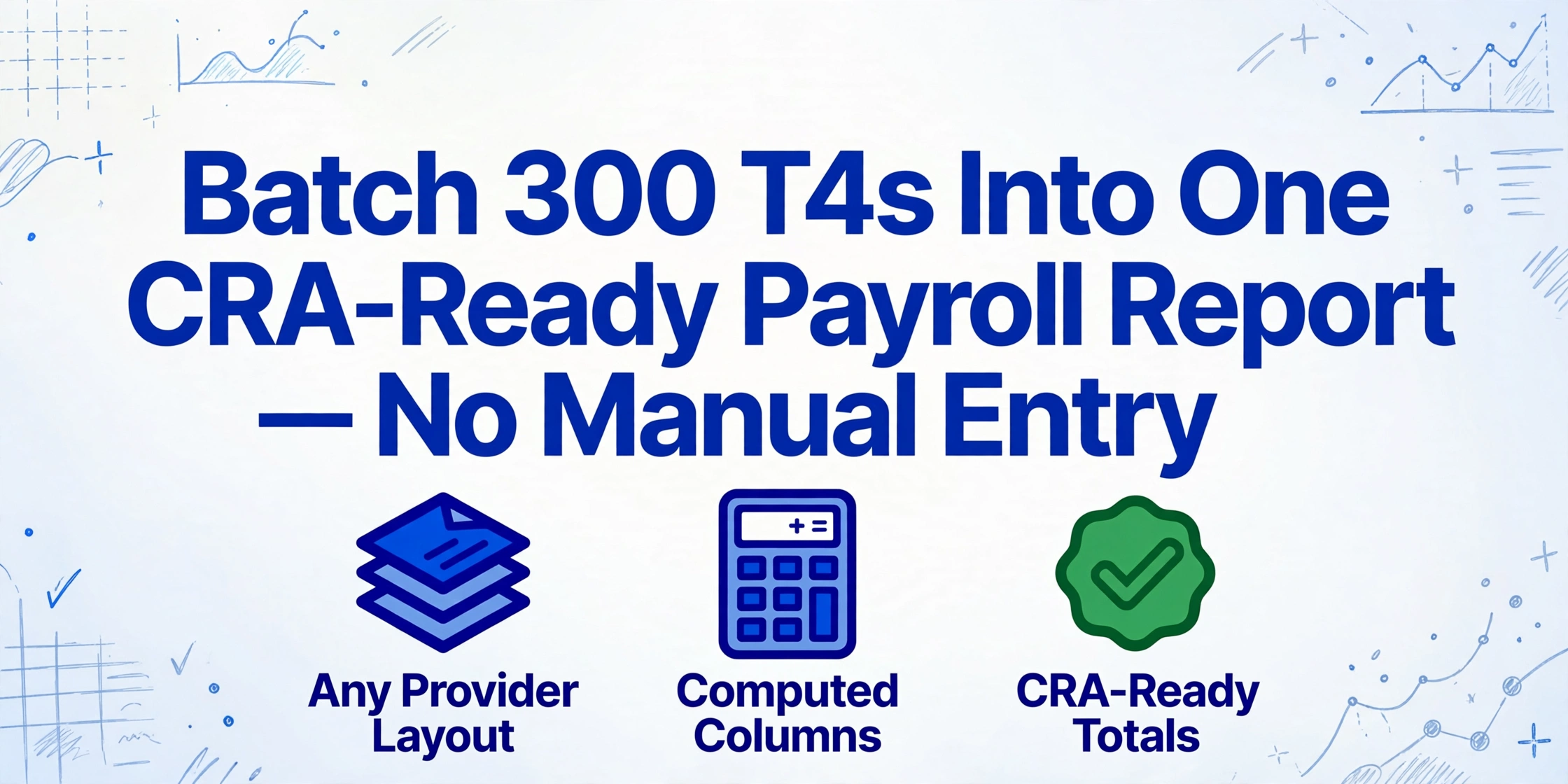 Hero image with title 'Batch 300 T4s Into One CRA-Ready Payroll Report — No Manual Entry' and three icons: Any Provider Layout, Computed Columns, CRA-Ready Totals