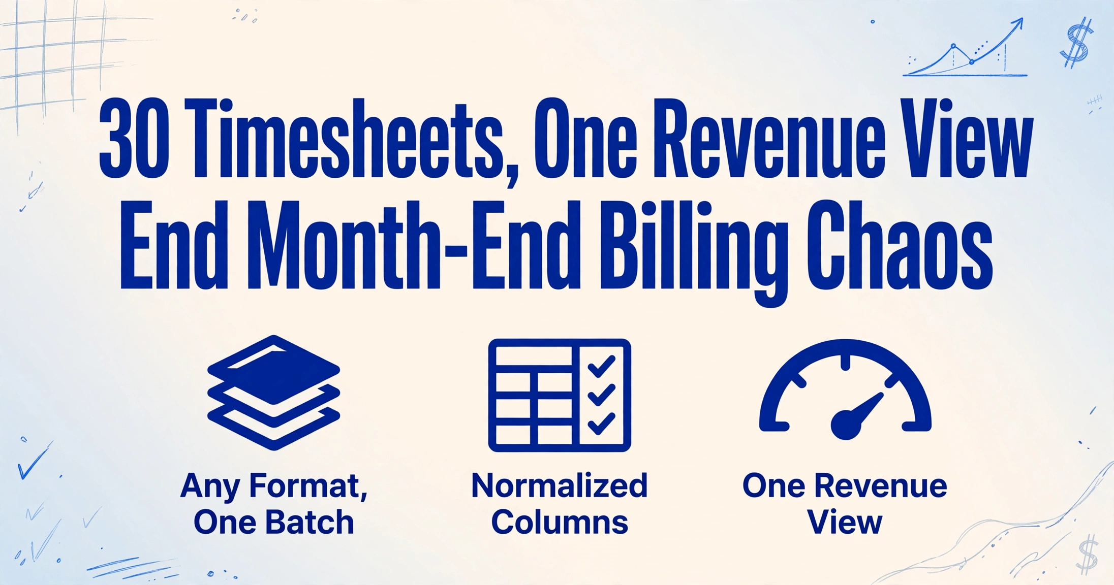 Blog cover image with the title '30 Timesheets, One Revenue View: End Month-End Billing Chaos' in large dark blue text, three icons below for batch processing, normalized columns, and a revenue dashboard, with hand-drawn blue line decorations in the corners on a soft gradient background.