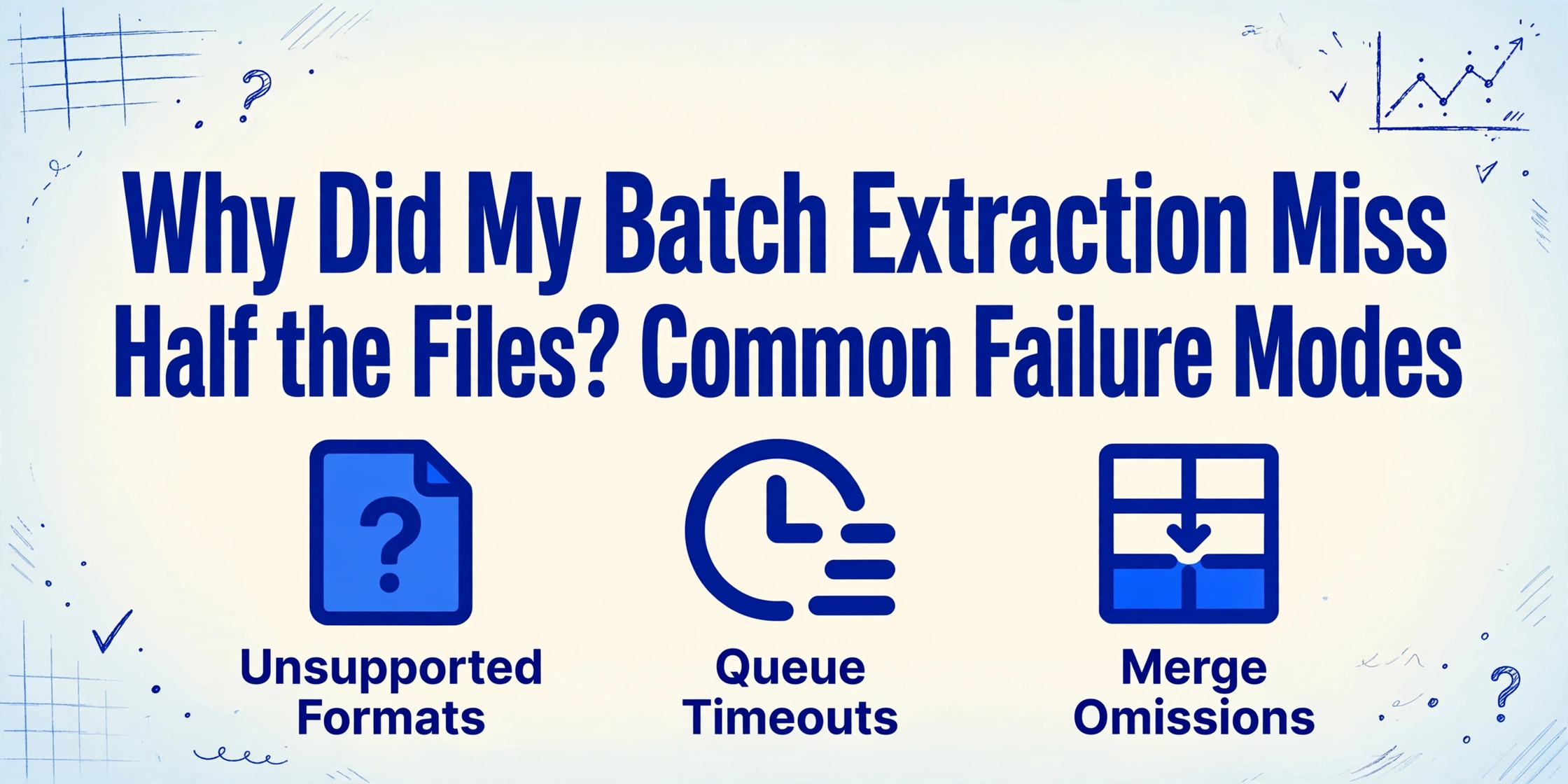 Image de couverture du blog avec le titre sur les modes de défaillance de l'extraction par lots, montrant trois icônes pour les formats non pris en charge, les délais d'attente de file d'attente et les omissions de fusion