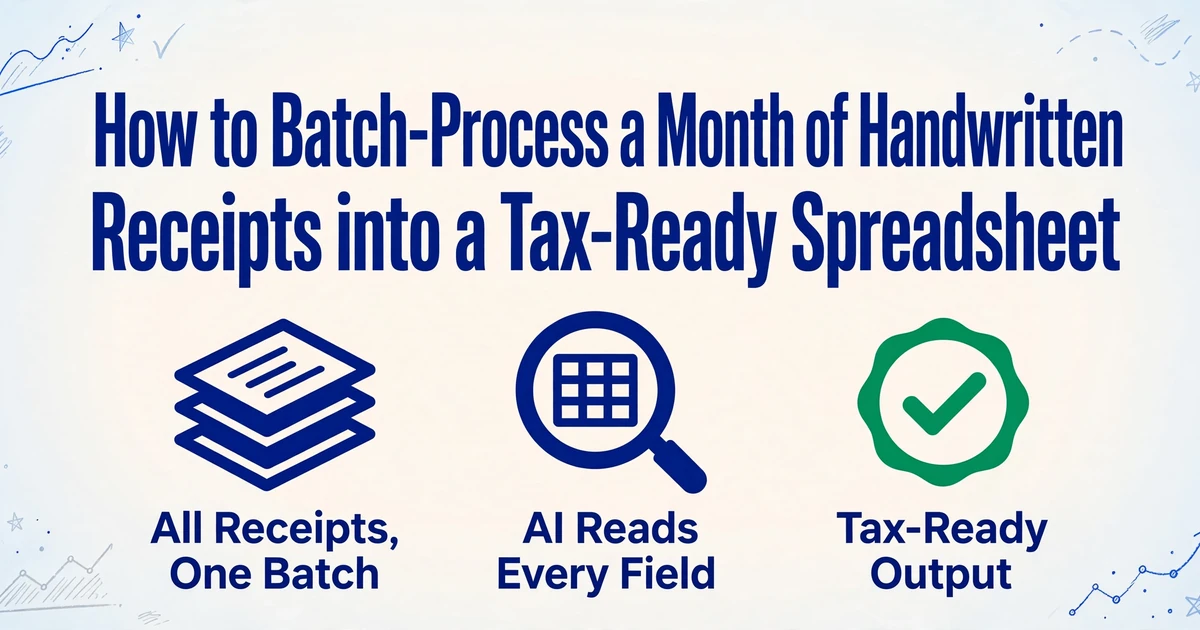 Hero image with title about batch-processing handwritten receipts, icons for one batch, AI reading, and tax-ready output