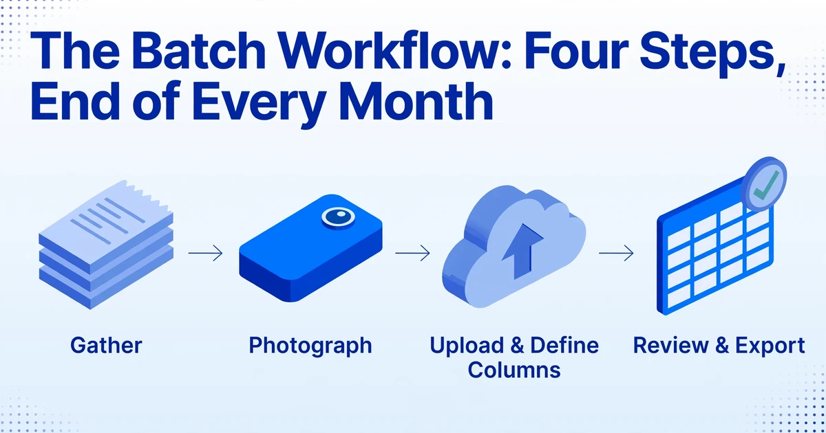 Four-step workflow diagram: gather, photograph, upload and define columns, review and export