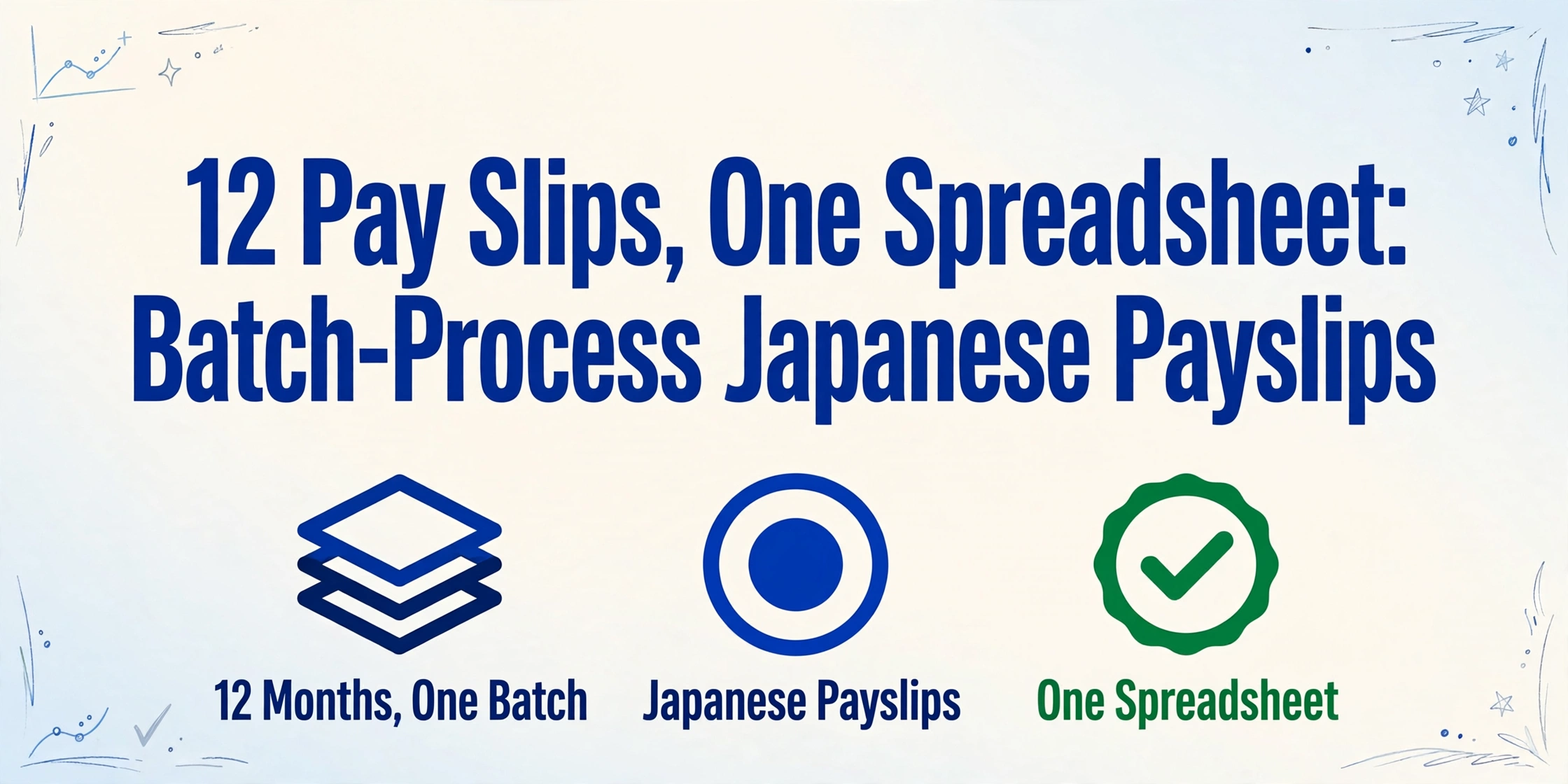 A clean editorial-style hero image with the bold title '12 Pay Slips, One Spreadsheet: Batch-Process Japanese Payslips' in dark blue, supported by three icons below: stacked documents labeled '12 Months, One Batch', a Japanese flag icon labeled 'Japanese Payslips', and a green checkmark badge labeled 'One Spreadsheet'. Light blue hand-drawn line decorations in the corners on a soft cream-to-light-blue gradient background.