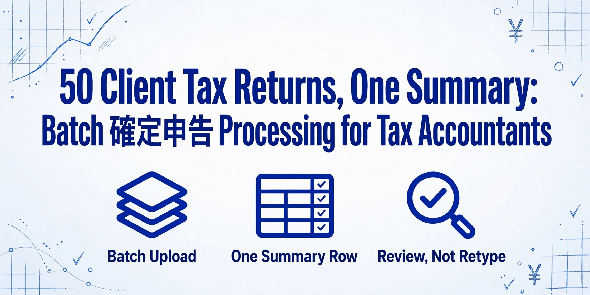 Hero image with the title '50 Client Tax Returns, One Summary: Batch 確定申告 Processing for Tax Accountants' and three icons for Batch Upload, One Summary Row, and Review Not Retype