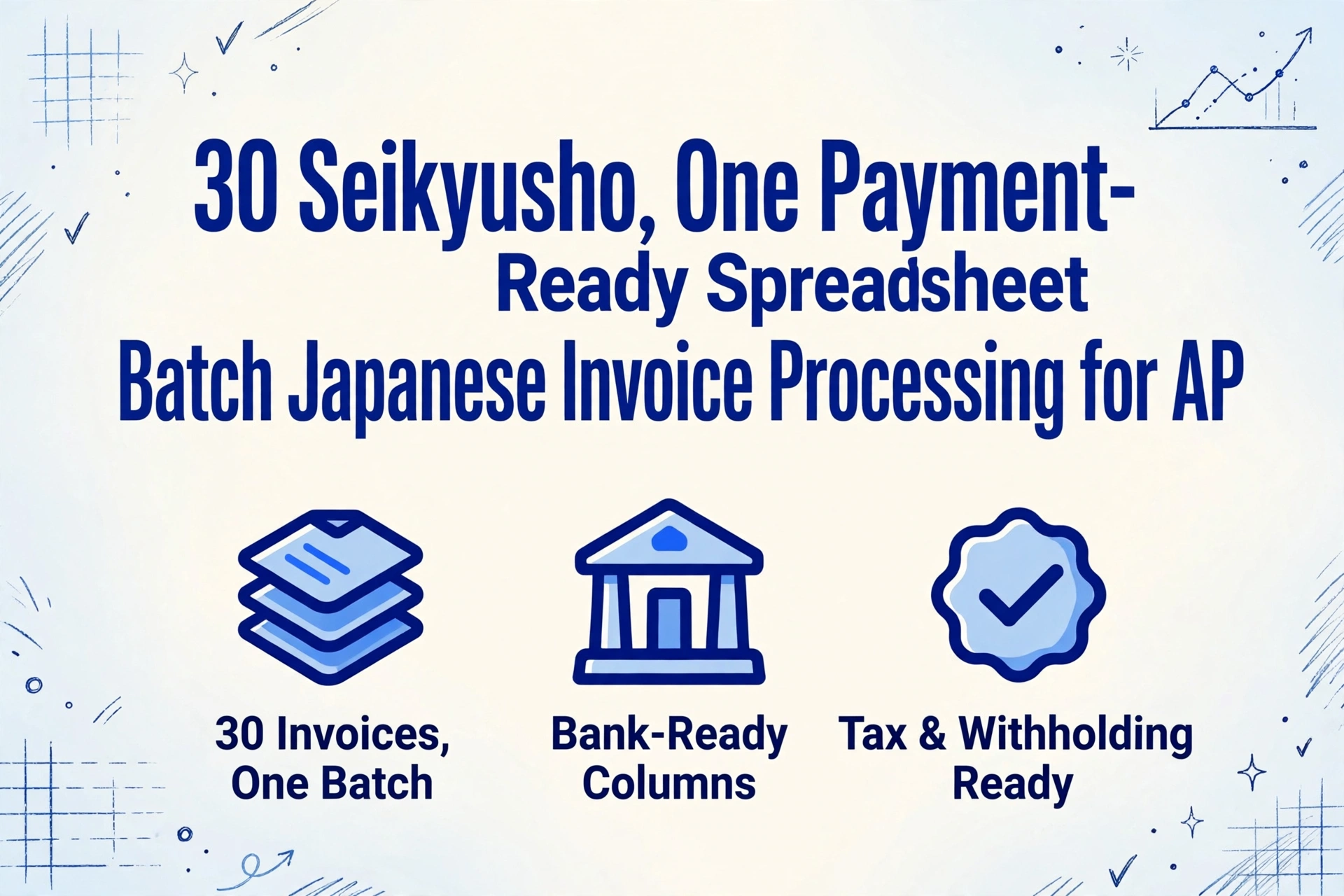Hero image with title '30 Seikyusho, One Payment-Ready Spreadsheet' and three icons: document stack, bank building, checkmark badge