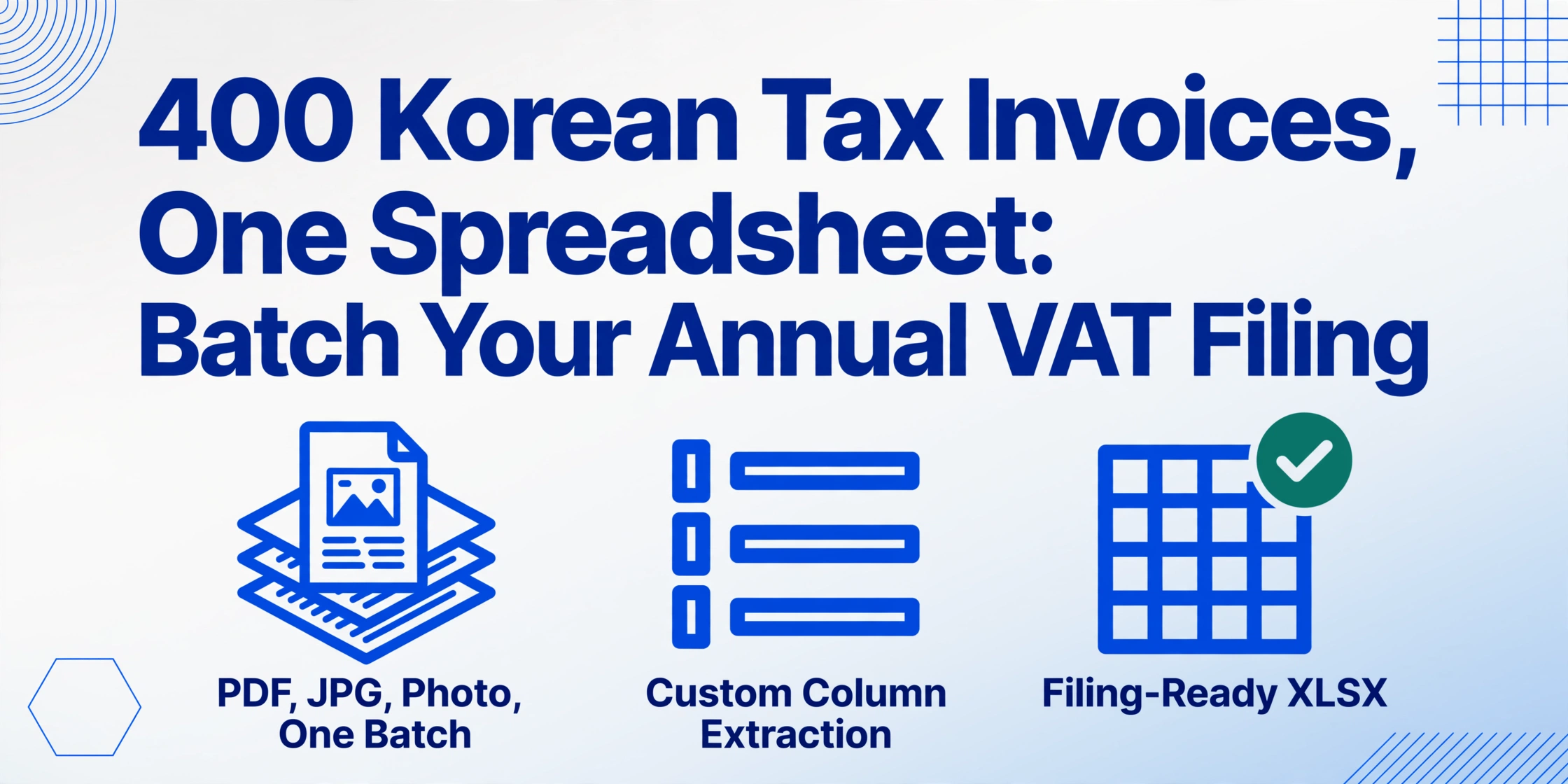 Blog hero image with the headline '400 Korean Tax Invoices, One Spreadsheet: Batch Your Annual VAT Filing' and three flat icons: mixed PDF, JPG and photo files in one batch, Custom Column Extraction, and a filing-ready XLSX spreadsheet with a green check badge.