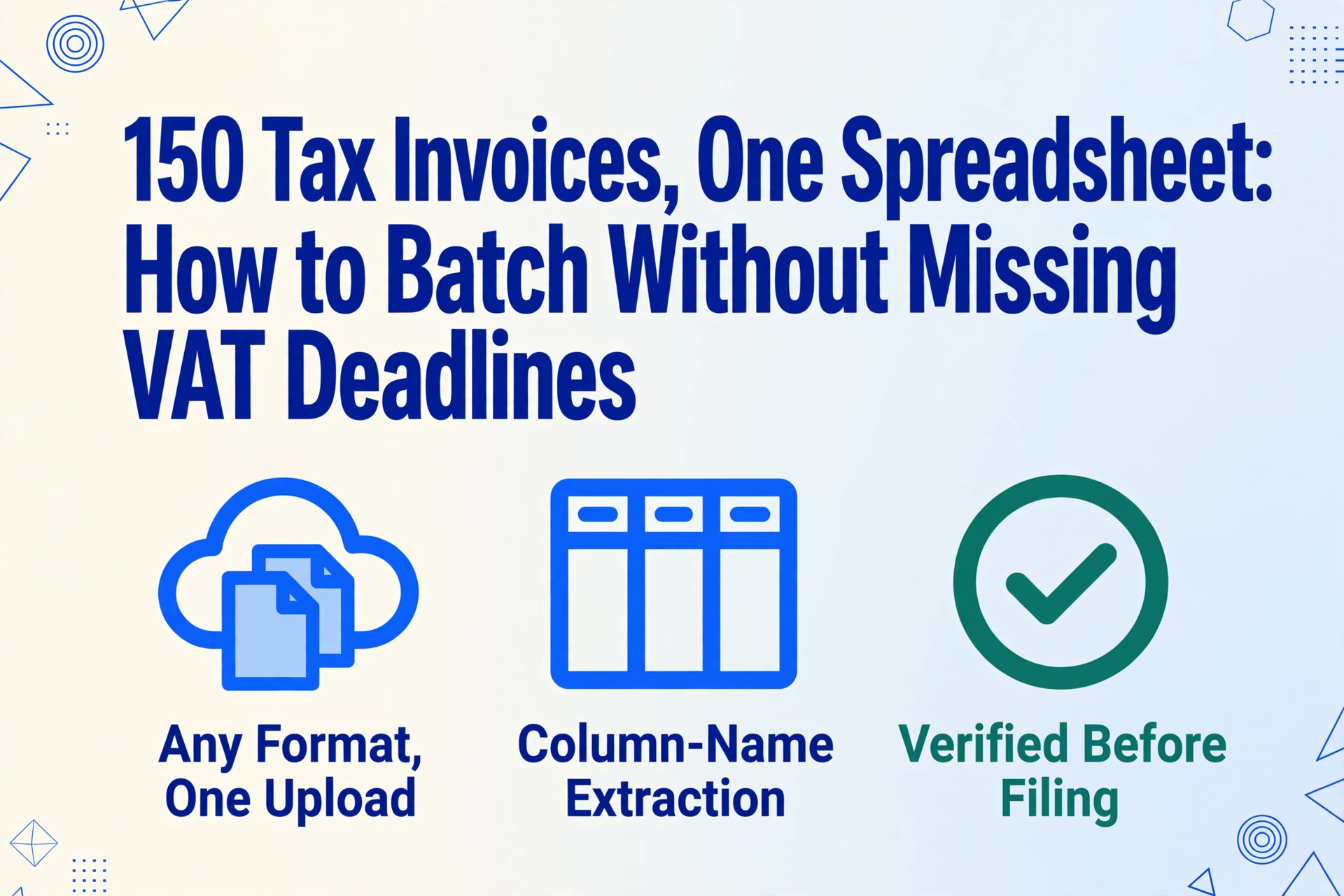 Blog cover illustration with the title 150 Tax Invoices, One Spreadsheet: How to Batch Without Missing VAT Deadlines, and three icons below: Any Format One Upload, Column-Name Extraction, and Verified Before Filing, on a light blue gradient background with geometric line decorations.