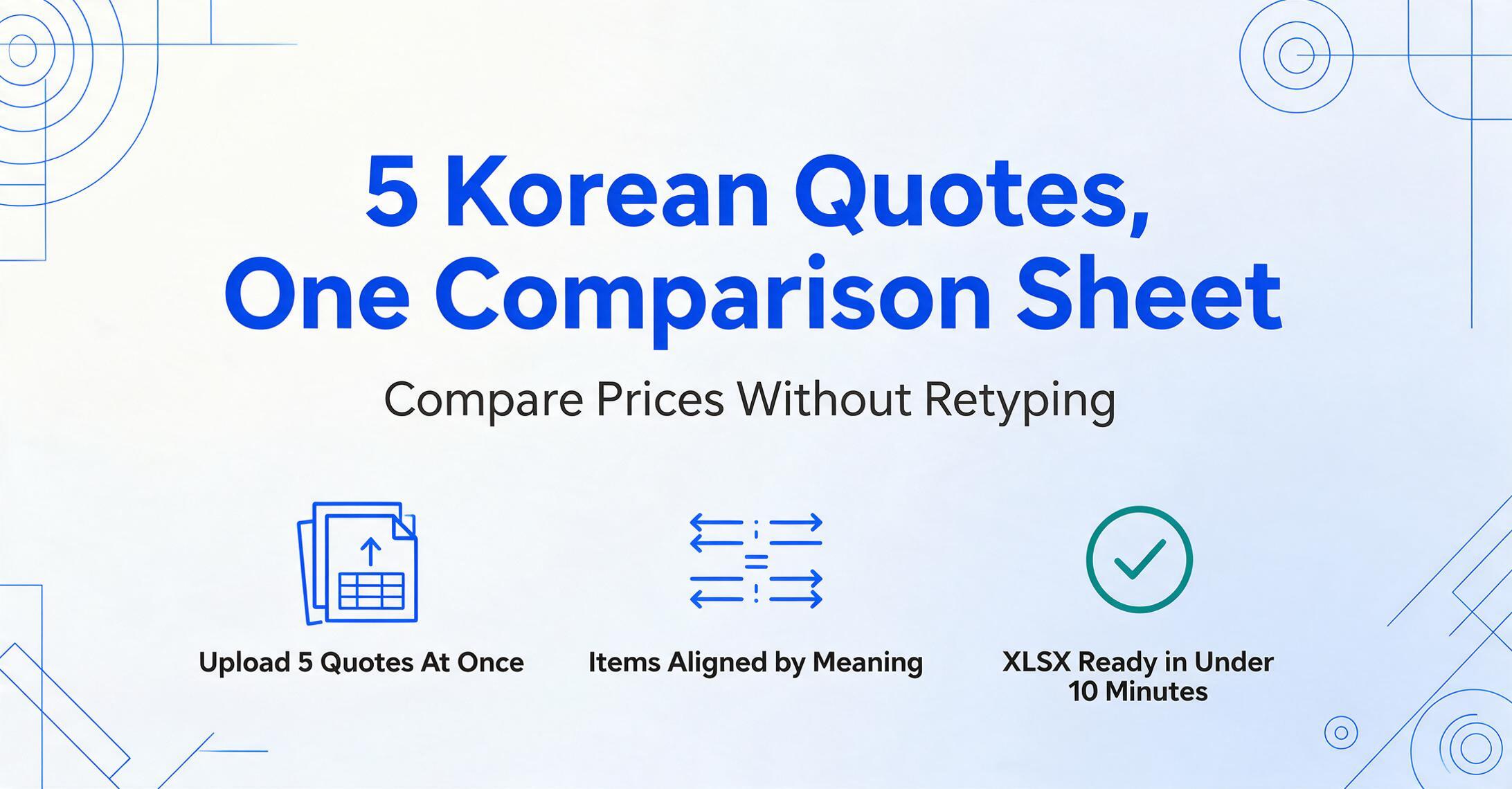 フラットベクターのヒーローイラスト。タイトル「韓国ベンダー5社の見積書を1枚の比較シートに」、サブタイトル「再入力なしで価格を比較」、その下に3つのアイコン:複数の見積書が1つのテーブルにアップロードされる様子、異なる表現の2行が1つの列に整列される様子、10分以内にXLSXファイルが完成することを示す緑のチェックマークバッジ。