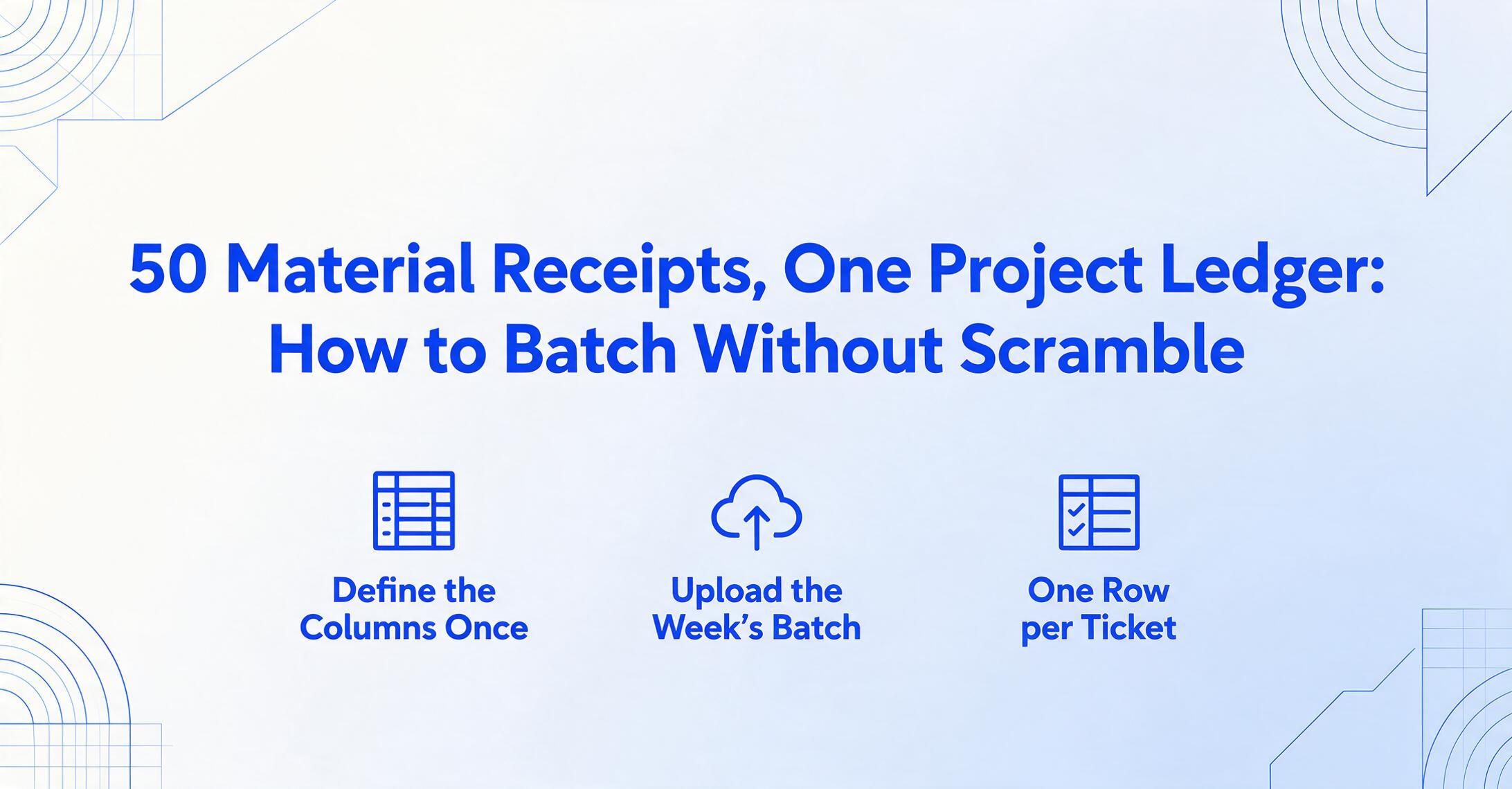 Blog header with the bold title '50 Material Receipts, One Project Ledger: How to Batch Without Scramble' and three icon points below it: define the columns once, upload the week's batch, one row per ticket, on a flat vector background with blue geometric line decorations.