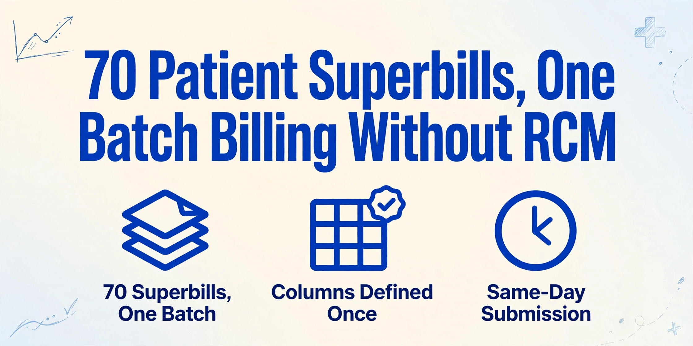 Hero-Bild mit dem Artikeltitel '70 Patient Superbills, One Spreadsheet: Batch Billing Without RCM' und drei unterstützenden Symbolen für Batch-Upload, definierte Spalten und Einreichung am selben Tag.