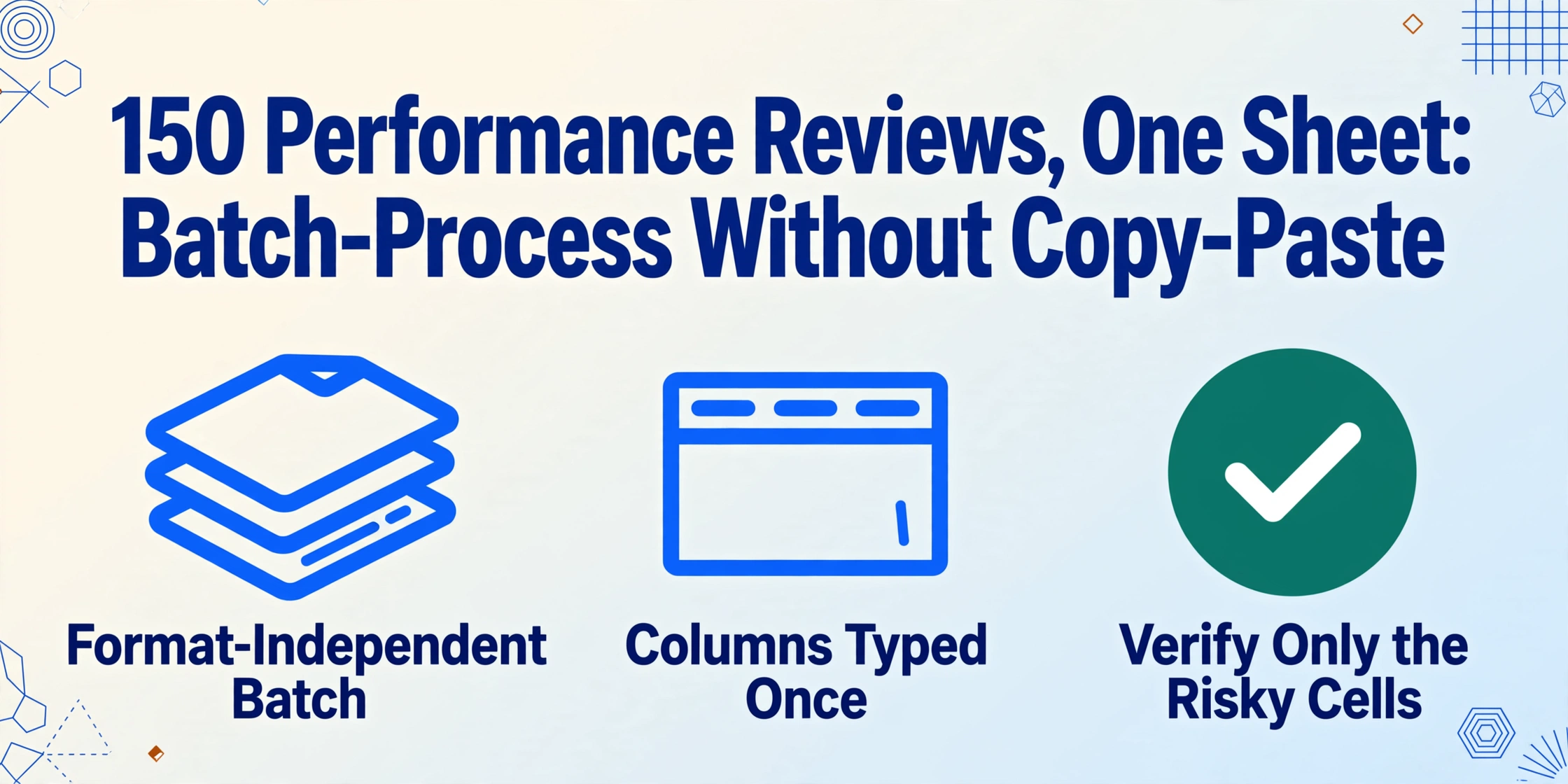 Flat vector hero graphic titled “150 Performance Reviews, One Sheet: Batch-Process Without Copy-Paste” with three icons below: a stack of mixed-format review documents, a table header row, and a green check badge reading “Verify Only the Risky Cells”.