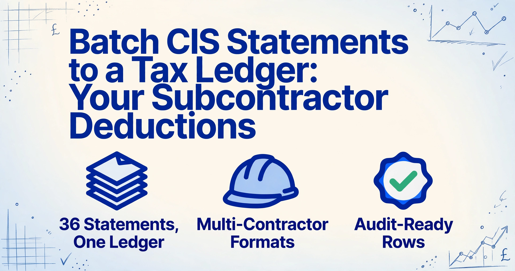 Illustration mit dem Titel 'Batch CIS Statements to a Tax Ledger: Your Subcontractor Deductions' und drei Symbolen: gestapelte Dokumente, Schutzhelm und grünes Häkchen-Abzeichen, auf hellblauem Verlaufs-hintergrund mit handgezeichneten Linienverzierungen.