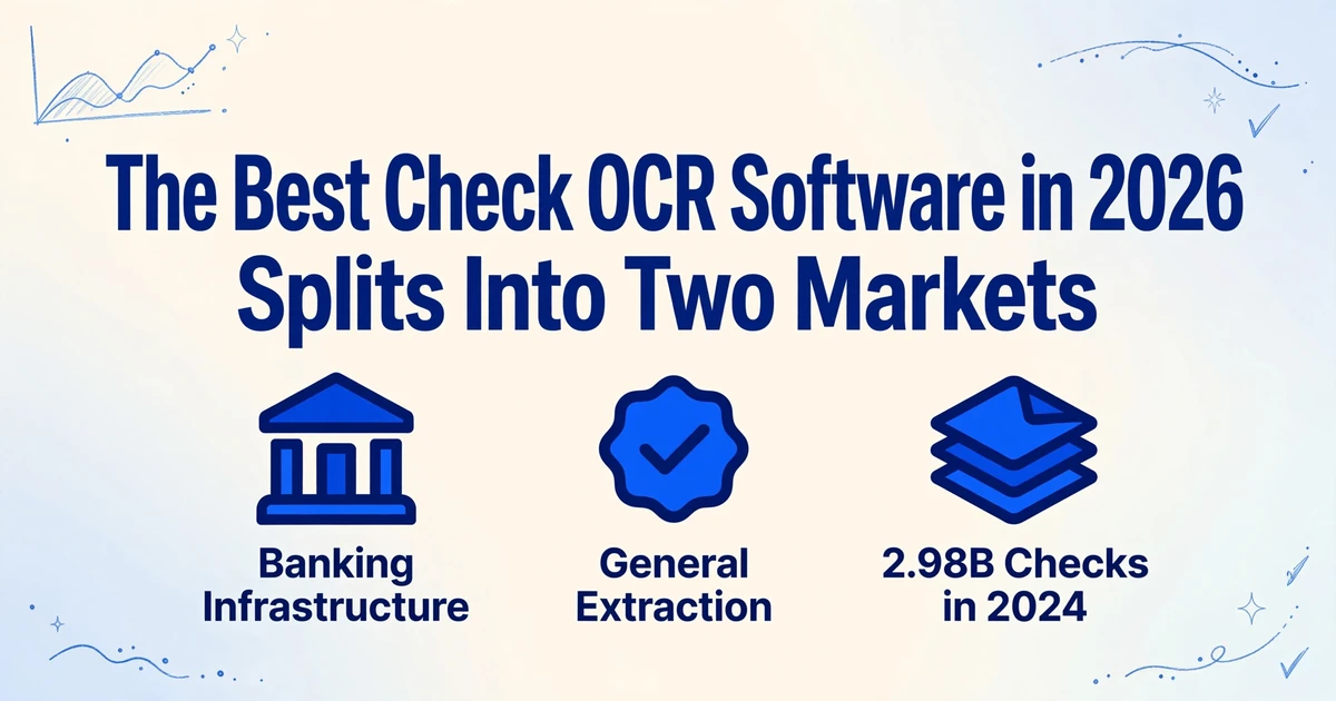 Blog-Coverbild mit dem Titel 'The Best Check OCR Software in 2026 Splits Into Two Markets' in fettem dunkelblauem Text, darunter drei Symbole für Banking-Infrastruktur, Allgemeine Extraktion und 2,98 Mrd. Schecks im Jahr 2024, auf einem weichen cremefarbenen bis hellblauen Verlaufs-Hintergrund mit dezenten handgezeichneten blauen Linien-Dekorationen in den Ecken.