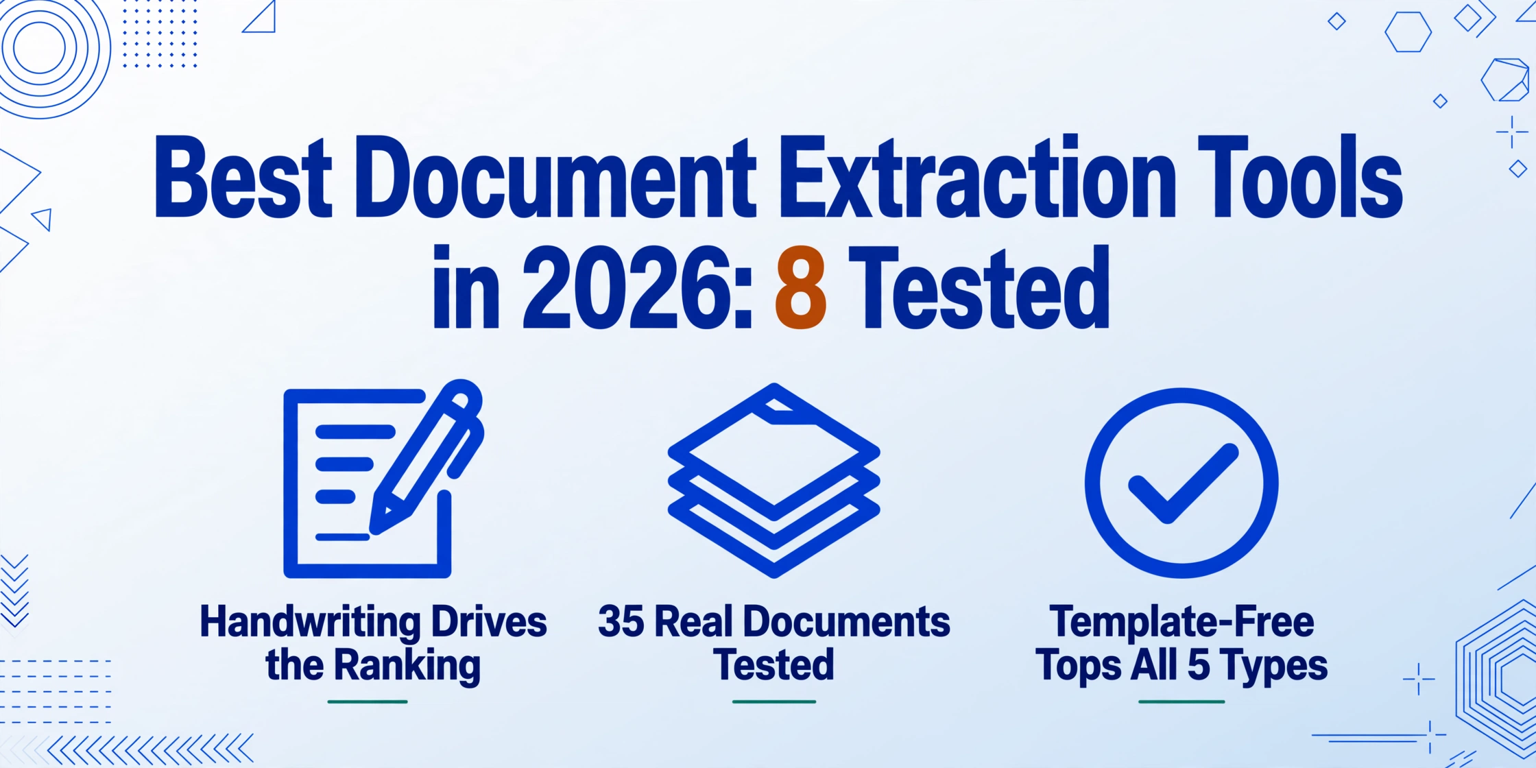 Blog hero image with the title 'Best Document Extraction Tools for Construction in 2026: 8 Tested' in deep blue, above three flat-vector icons labeled 'Handwriting Drives the Ranking', '35 Real Documents Tested' and 'Template-Free Tops All 5 Types', on a light gradient background with blue geometric line decorations in the corners.