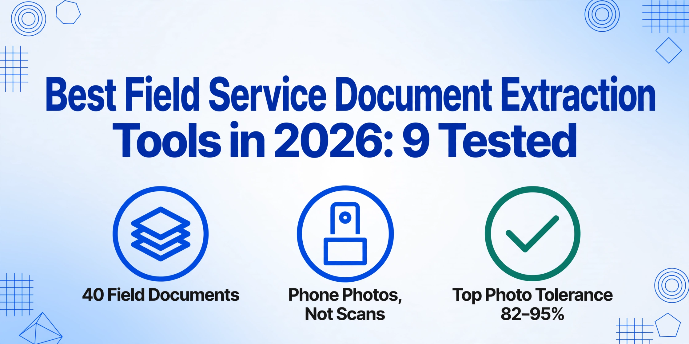 Flat vector blog hero image with the headline Best Field Service Document Extraction Tools in 2026: 9 Tested above three bold icons labelled 40 Field Documents, Phone Photos Not Scans, and Top Photo Tolerance 82-95%.