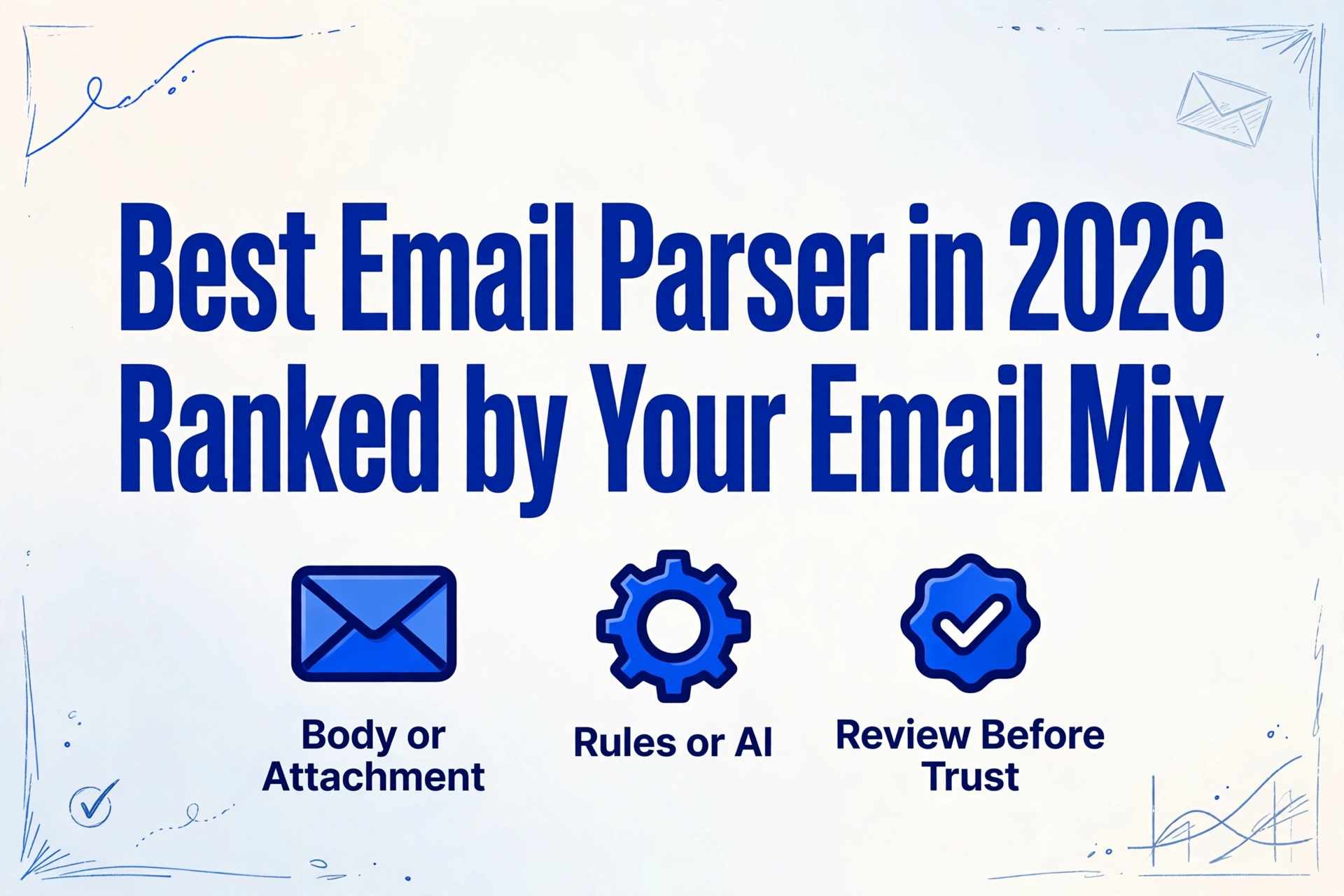 A clean editorial-style banner with the title 'Best Email Parser in 2026, Ranked by Your Email Mix' in large dark blue text, below it three small icons labeled 'Body or Attachment', 'Rules or AI', and 'Review Before Trust', with subtle hand-drawn blue line decorations in the corners