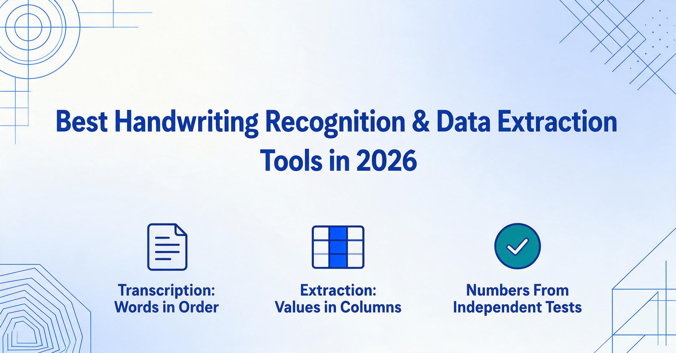 Blog-Titelbild mit Infografik zum Thema „Beste Handschriftenerkennungs- & Datextraktions-Tools im Jahr 2026“ und drei flachen Vektor-Icons unter dem Titel: Transkription als Wörter in Reihenfolge, Extraktion als Werte in Spalten und ein grünes Häkchen-Abzeichen für Benchmark-basierte Zahlen.