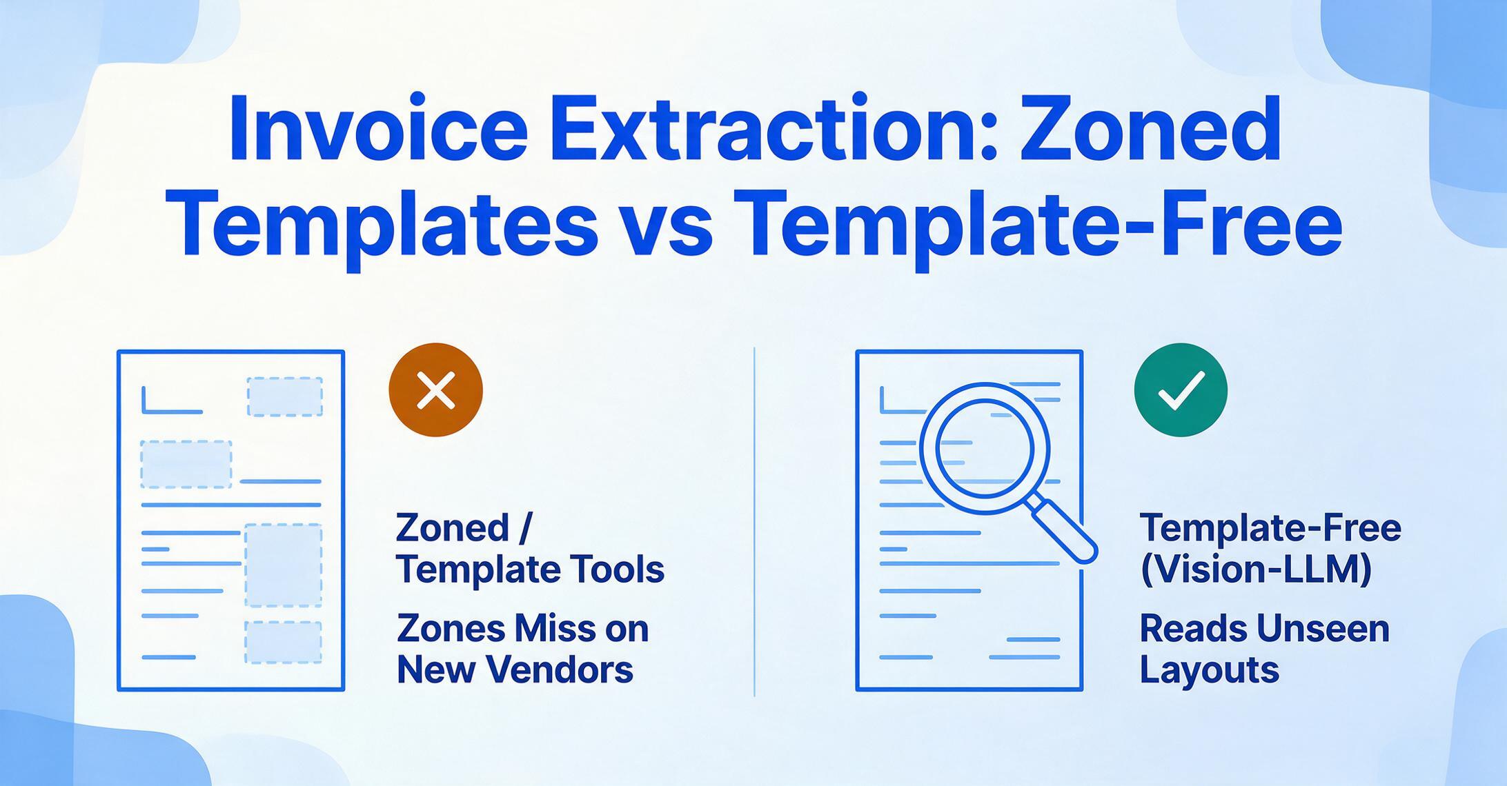 Two-column comparison: on the left a zoned template tool with mapped rectangles on an invoice and an amber cross badge reading Zones Miss on New Vendors; on the right a template-free tool with a magnifier and a green check badge reading Reads Unseen Layouts.