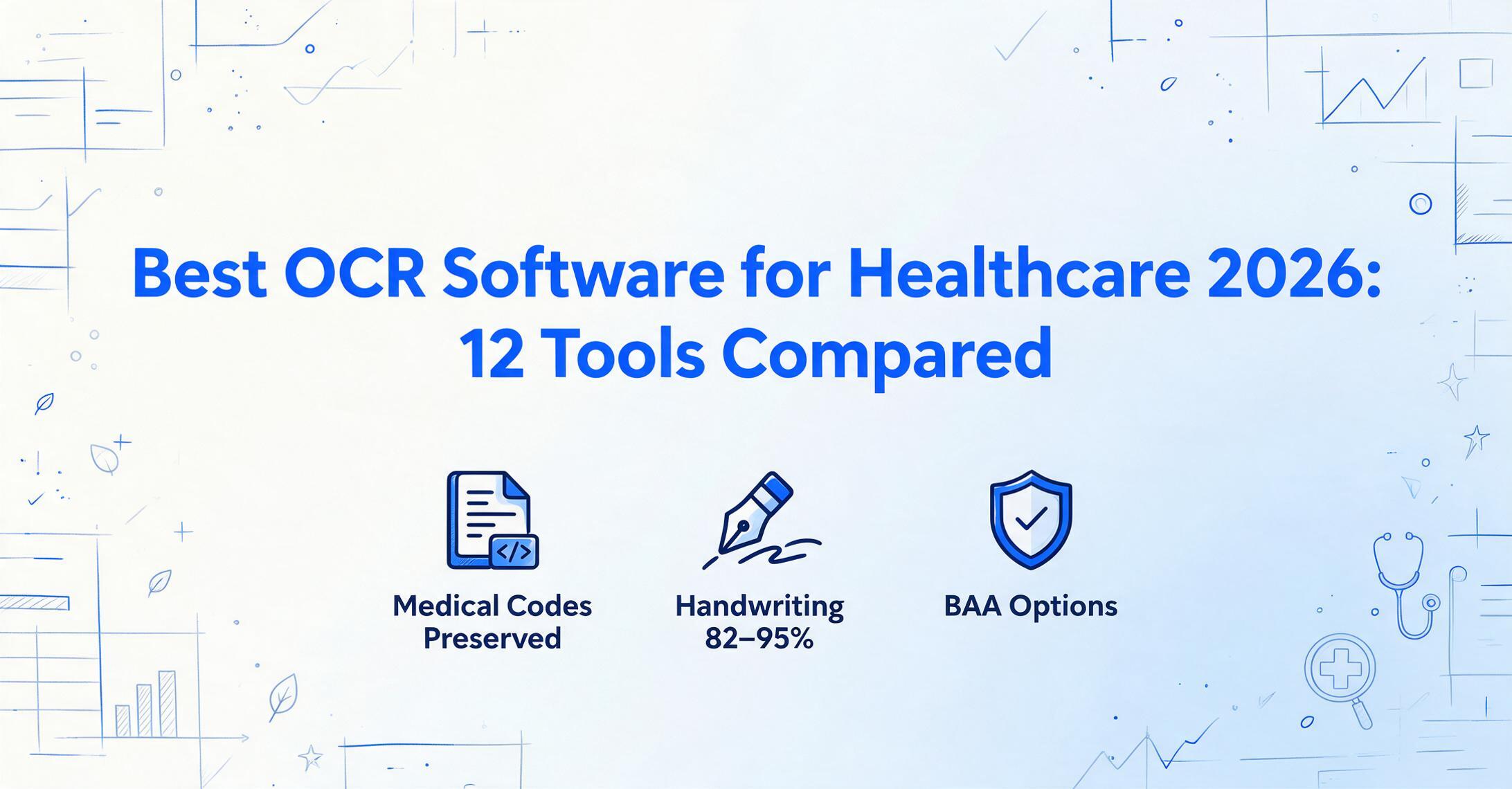Best OCR Software for Healthcare 2026: 12 Tools Compared - infographic with three key evaluation points: medical codes preserved, handwriting recognition 82-95%, and BAA options