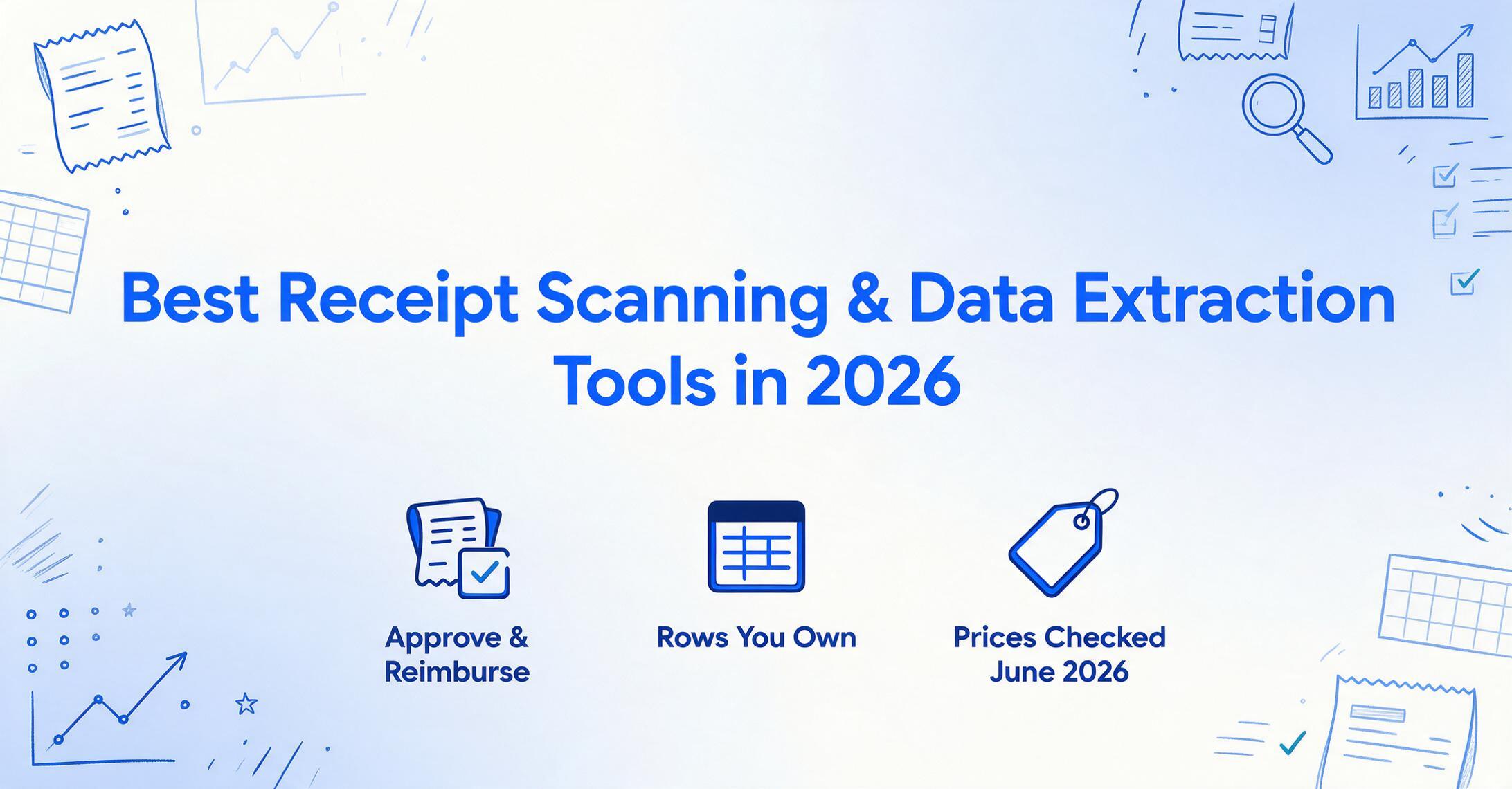Flaches Vektor-Poster-Hero mit großer dunkelblauer Überschrift „Best Receipt Scanning & Data Extraction Tools in 2026