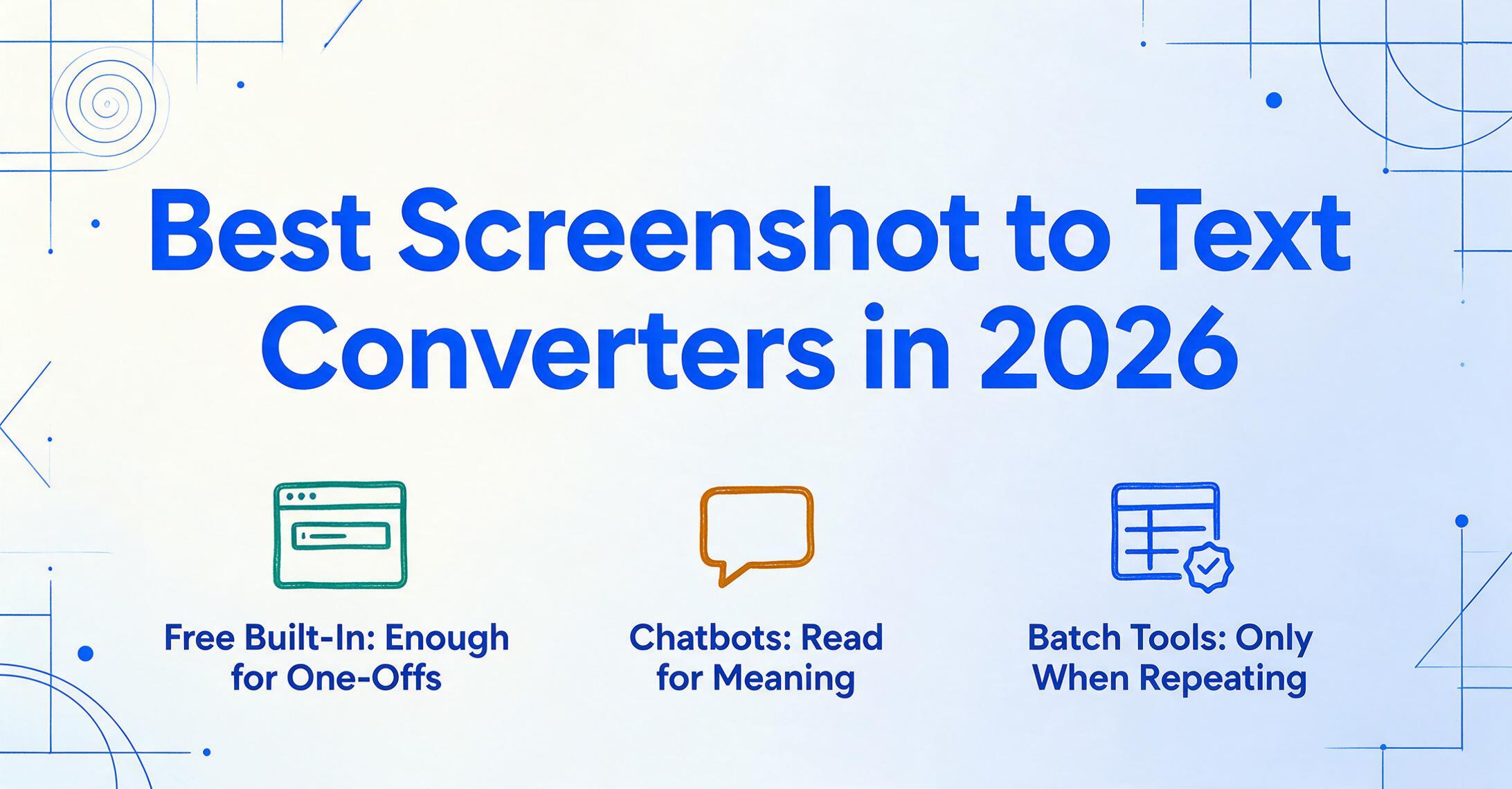 「2026年おすすめのスクリーンショット文字起こしツール」という見出しと、無料の標準ツール、AIチャットボット、バッチツールの3つのアイコンを配した編集スタイルのヒーロー画像。