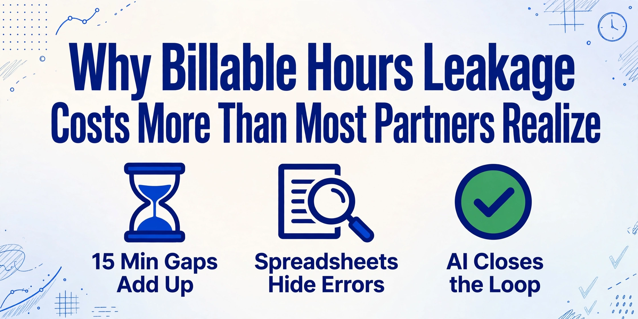 Blog cover image with the title 'Why Billable Hours Leakage Costs More Than Most Partners Realize' in large dark blue text, below it three icons with phrases '15 Min Gaps Add Up', 'Spreadsheets Hide Errors', and 'AI Closes the Loop', on a soft gradient background with hand-drawn blue line decorations in the corners.