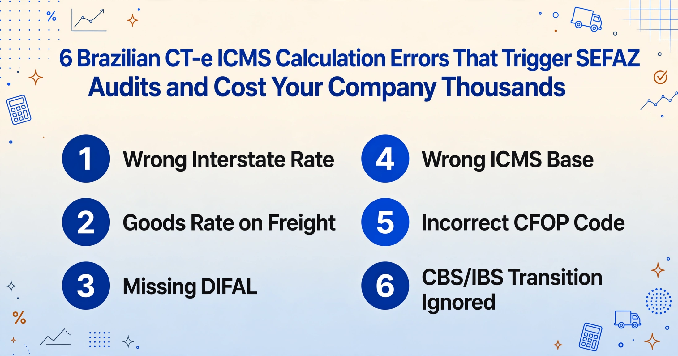 Blog hero image with the article title and a numbered two-column list of six CT-e ICMS calculation errors, drawn in flat vector style over a light gradient background with hand-drawn brand-blue doodles.