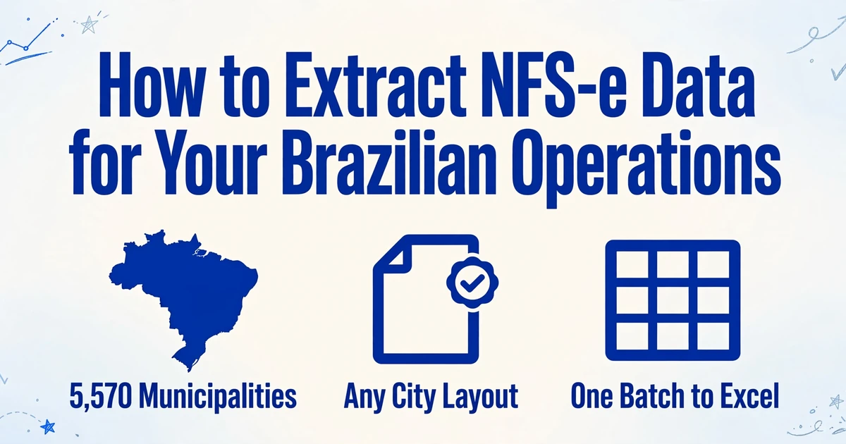 Title text 'How to Extract NFS-e Data for Your Brazilian Operations' with three icons below: Brazil map outline, document with checkmark badge, and spreadsheet icon, on a light blue gradient background with hand-drawn line decorations in corners